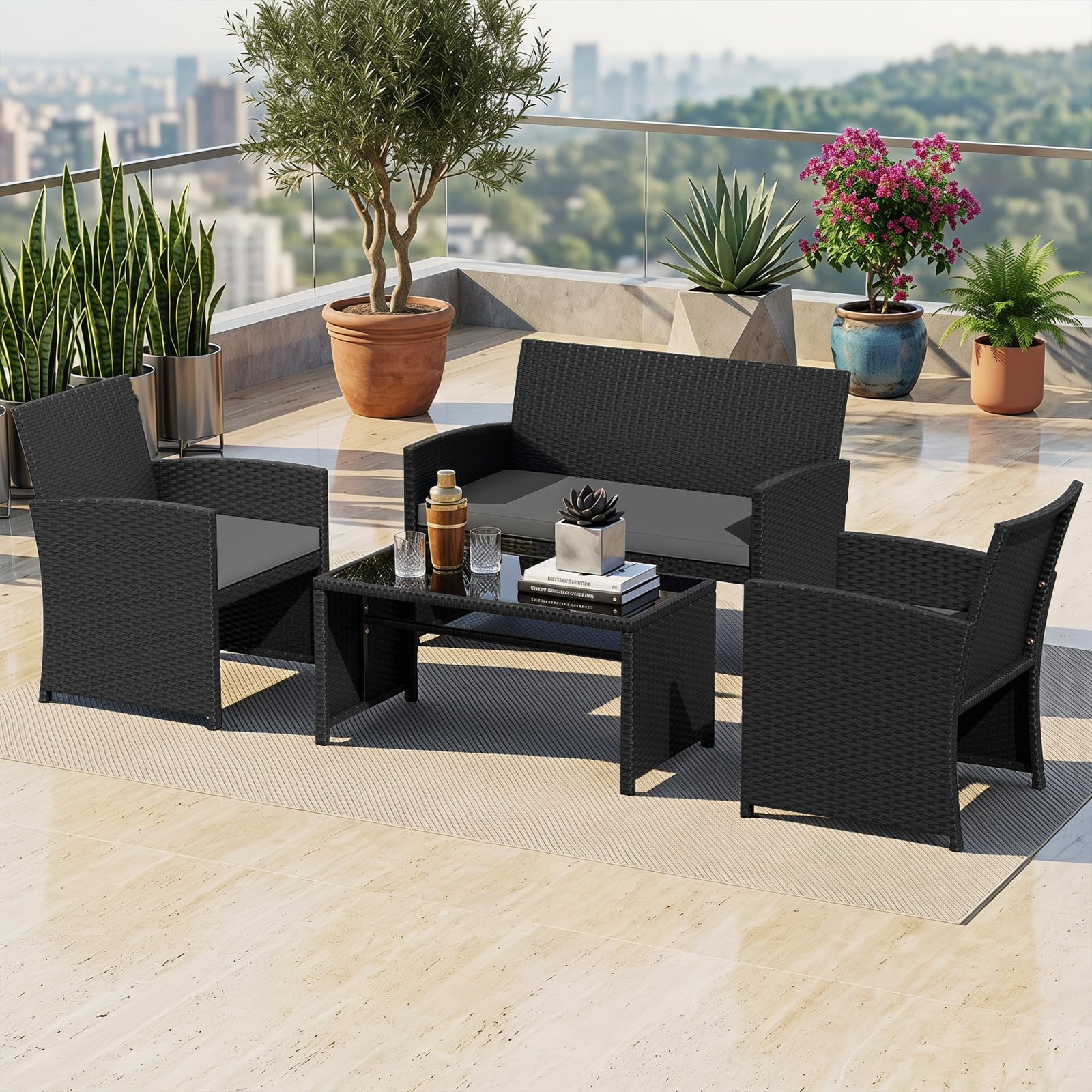 GIANTEX Conjunto de Muebles Ratán para Jardín, 4 Piezas, Sofá de 2 Plazas, 2 Sillones, Mesa de Centro con Tablero de Vidrio, para 4 Personas, Mesa y Sillas para Terraza, Patio (Negro+Gris)