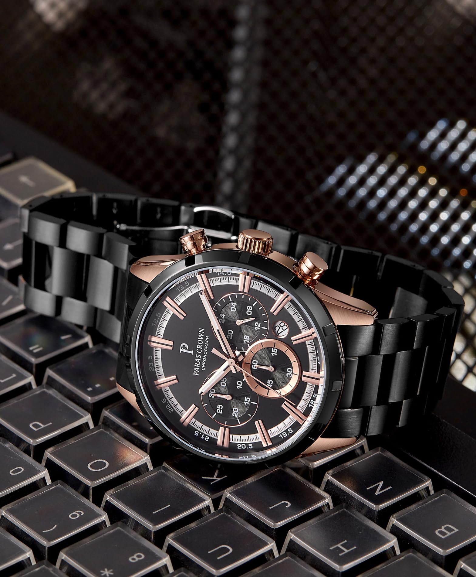 PC PARAS CROWN Orologio Uomo con Movimento al Quarzo Giapponese Cronografo Resistente all'Acqua 5 ATM Cassa in Acciaio Classico Elegante Orologio Cinturino in Silicone
