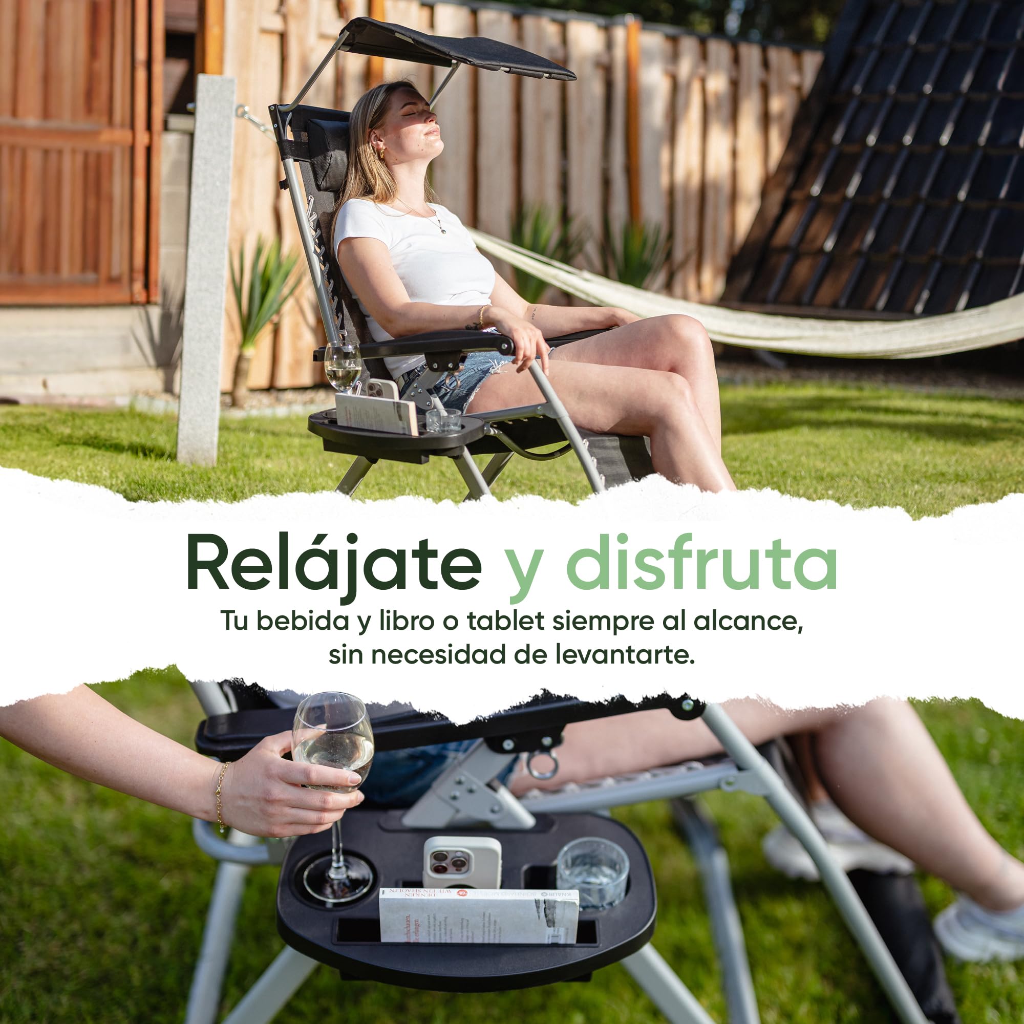 NatureLiving® Tumbona Plegable – Resistente, Robusta y Apta para Exterior – Tumbona de Jardín con Toldo para Jardín y Balcón, Silla Reclinable Outdoor Relax, Soporta hasta 200 kg (Negro)