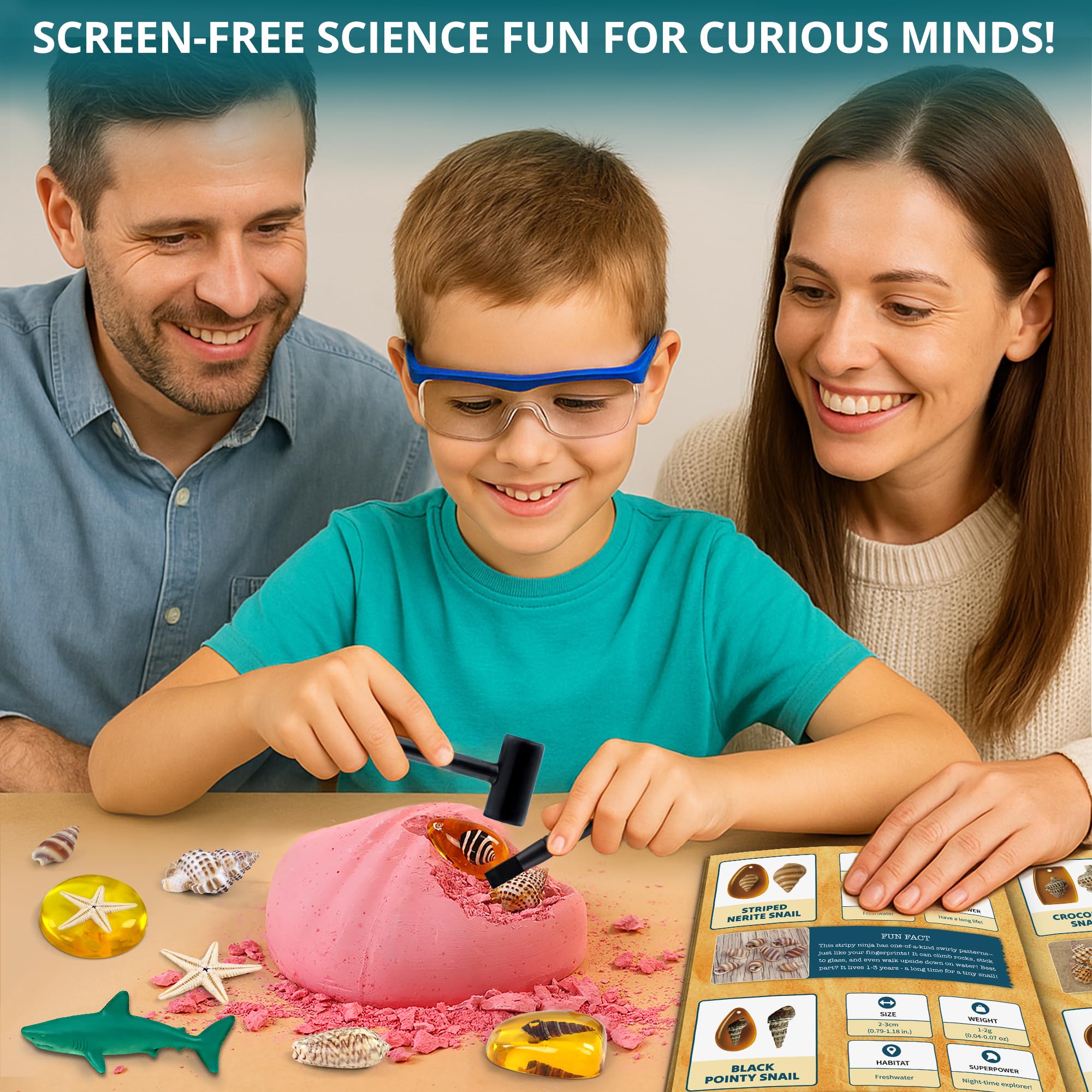 PIBEX Under-The-Sea Dig Kit – Graben und entdecken Sie 18 echte Muschelfossilien, Bernsteinschmuck und Meerestierkreaturen, Ozean-Halskette und STEM-Ausgrabungsaktivitätsspielzeug für Kinder ab 6