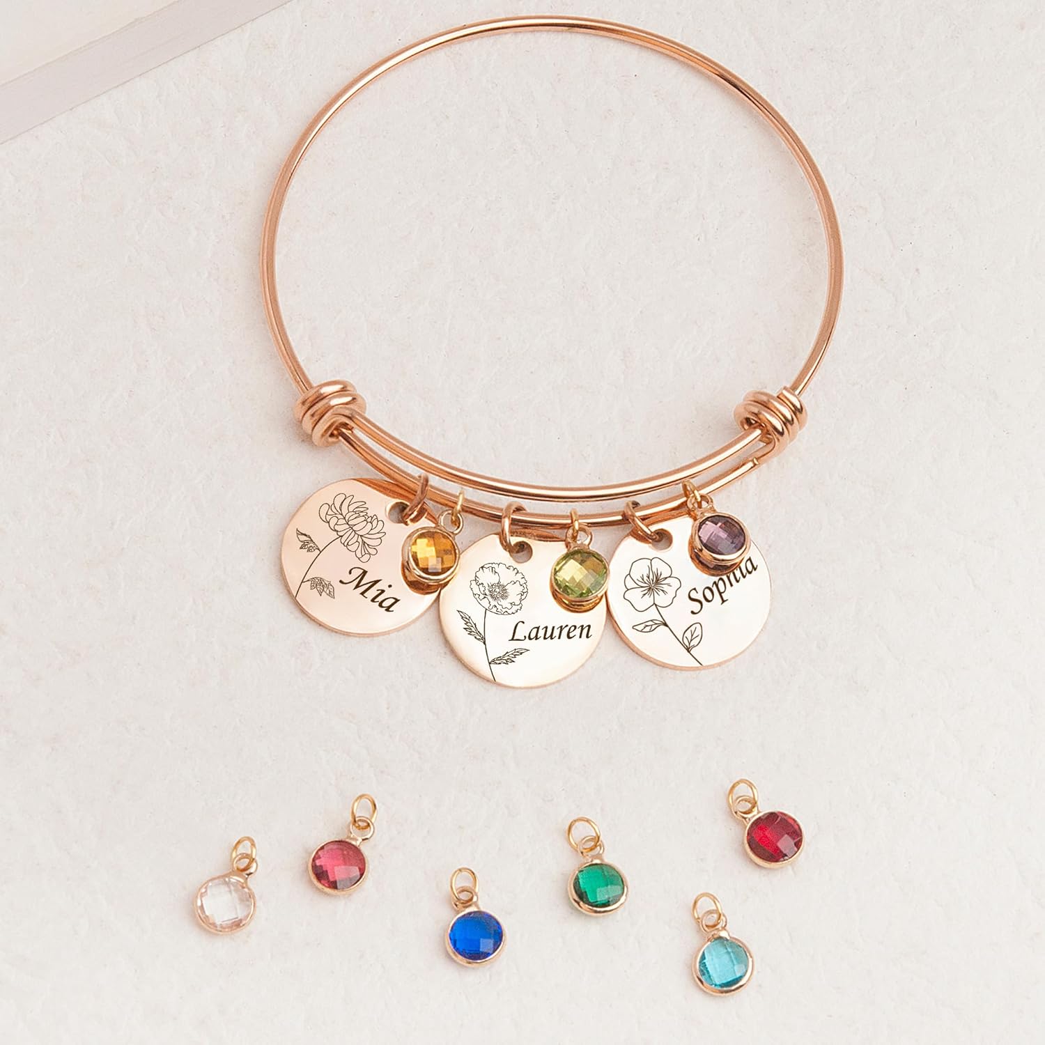 Anavia 1/2/3/4 Disc Birthmonth Flower Bangle Bracelet, Personalized Name Engraved Coin Disc Birthstone Expandable Charm Bracelet, Customized Floral Birthday Gift Love Jewelry for Her Mom Mother