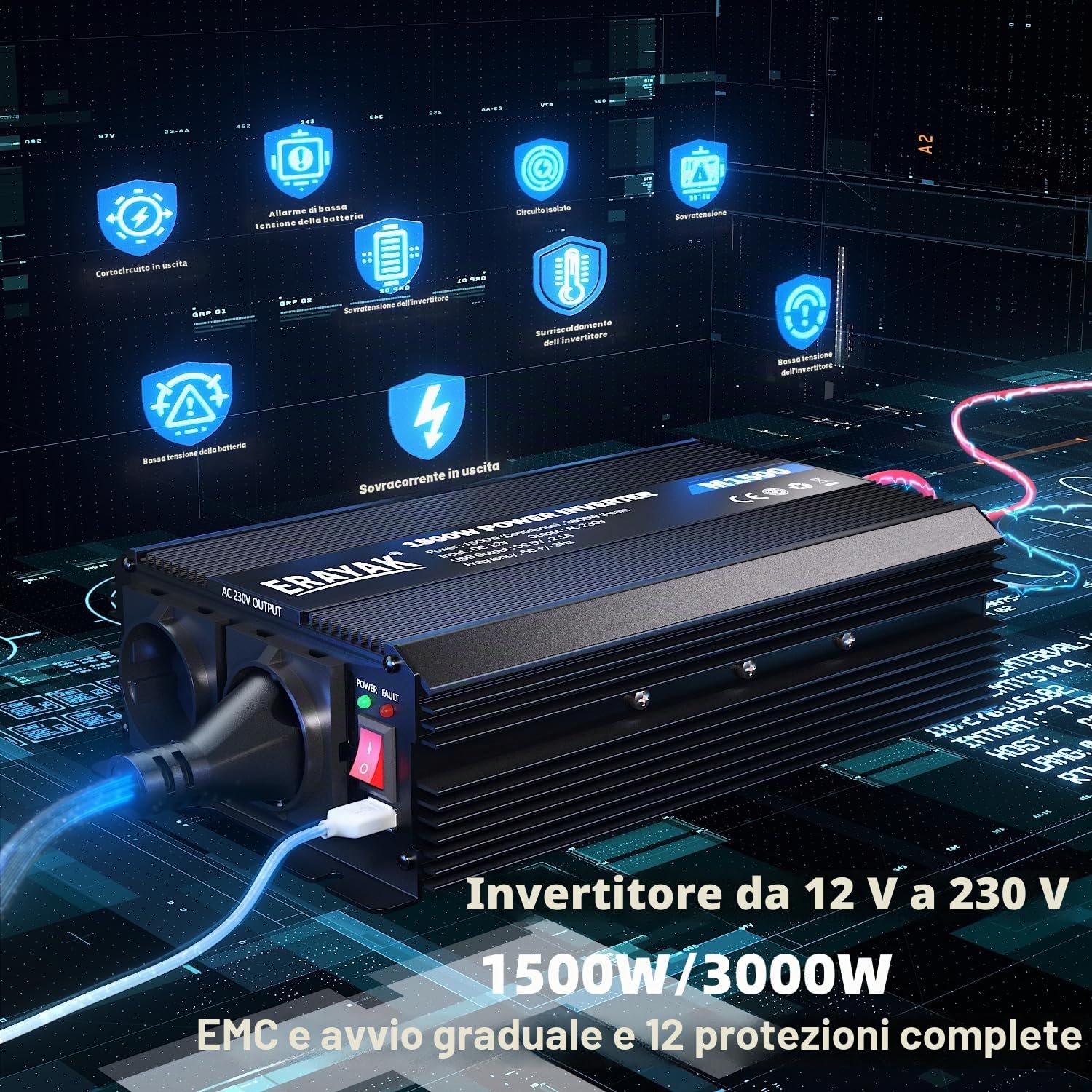 Erayak Inverter Onda Modificata 1500W 3000W 12V 220V 230V Fotovoltaico DC AC per Camper Auto Convertitore di Potenza