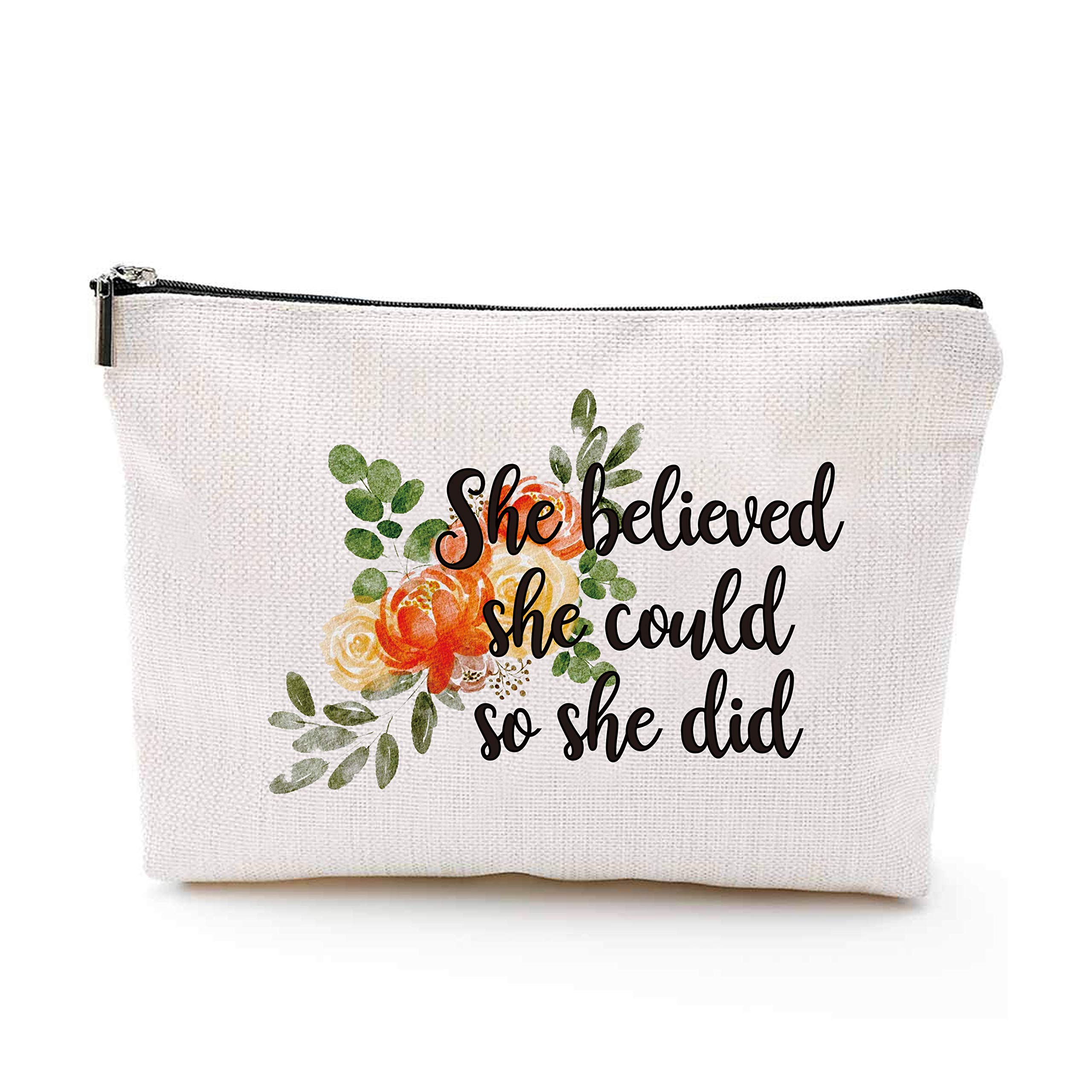 easycozy Inspirational Cotton Canvas Makeup Bag Gift - She Believed She Could So She Did Motivational Cosmetic Bag Zipper Pouch Bag for Best Friend Sister Nurse Birthday Graduation Gift