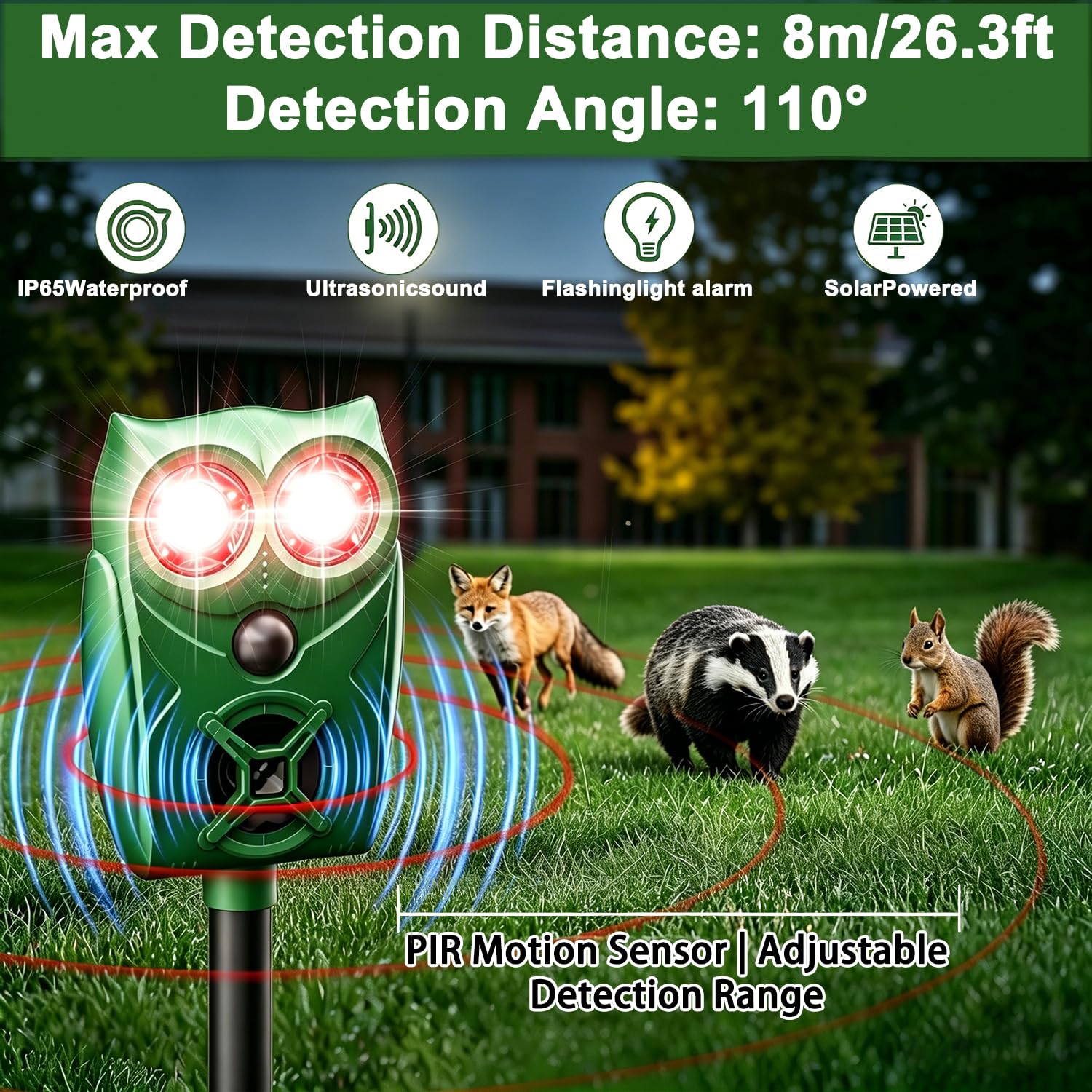 Repellente per gatti per giardini UK, sensore PIR LED flash con 5 modalità, ricarica solare e USB, spaventapasseri per animali a ultrasuoni, impermeabile IP65, deterrente per esterni, per gatti, volpi
