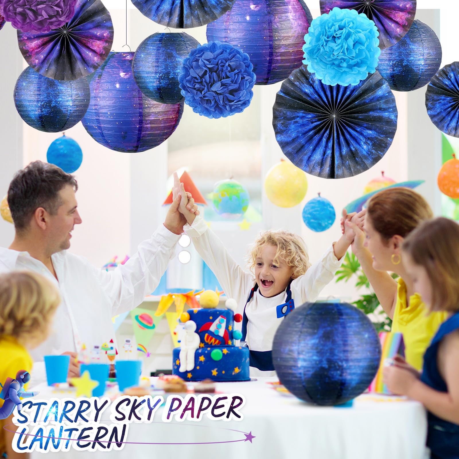 Hortsun 16-Piece Galaxy Party Decorations Set – Paper Lanterns, Fans, Flowers For Space Themed Birthday, Ceiling & Wall Decor - View #6