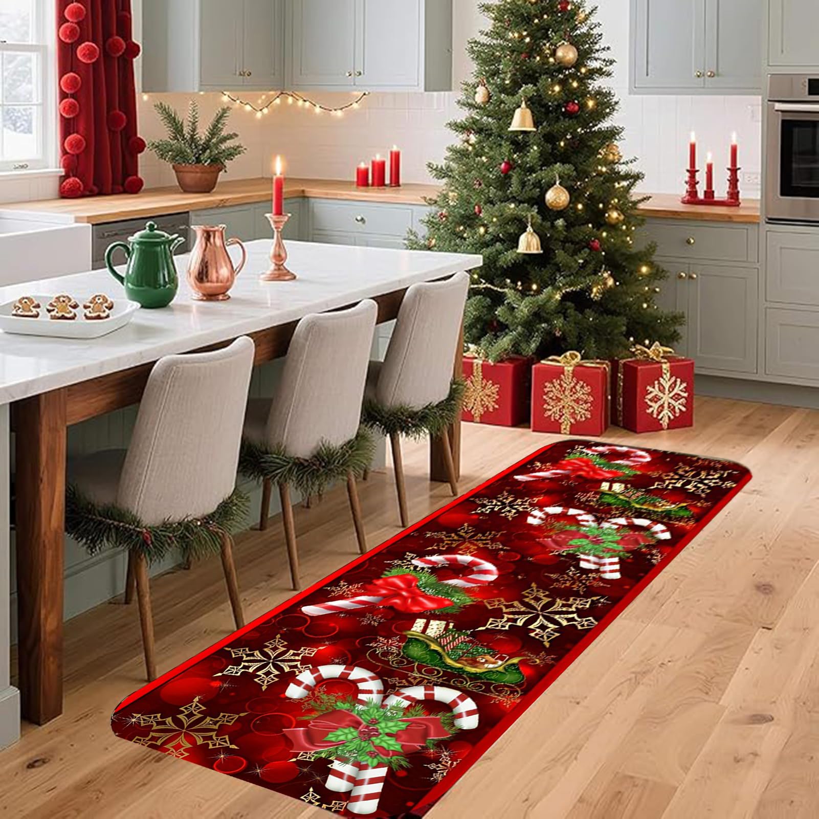 Tappeti Corridoio Natalizi, Tappeti Lavabili per Cucina E Ingresso, A Pelo Basso, Morbidi, Rossi, Antiscivolo, per Decorazione della Casa,40x300cm/16x118 in