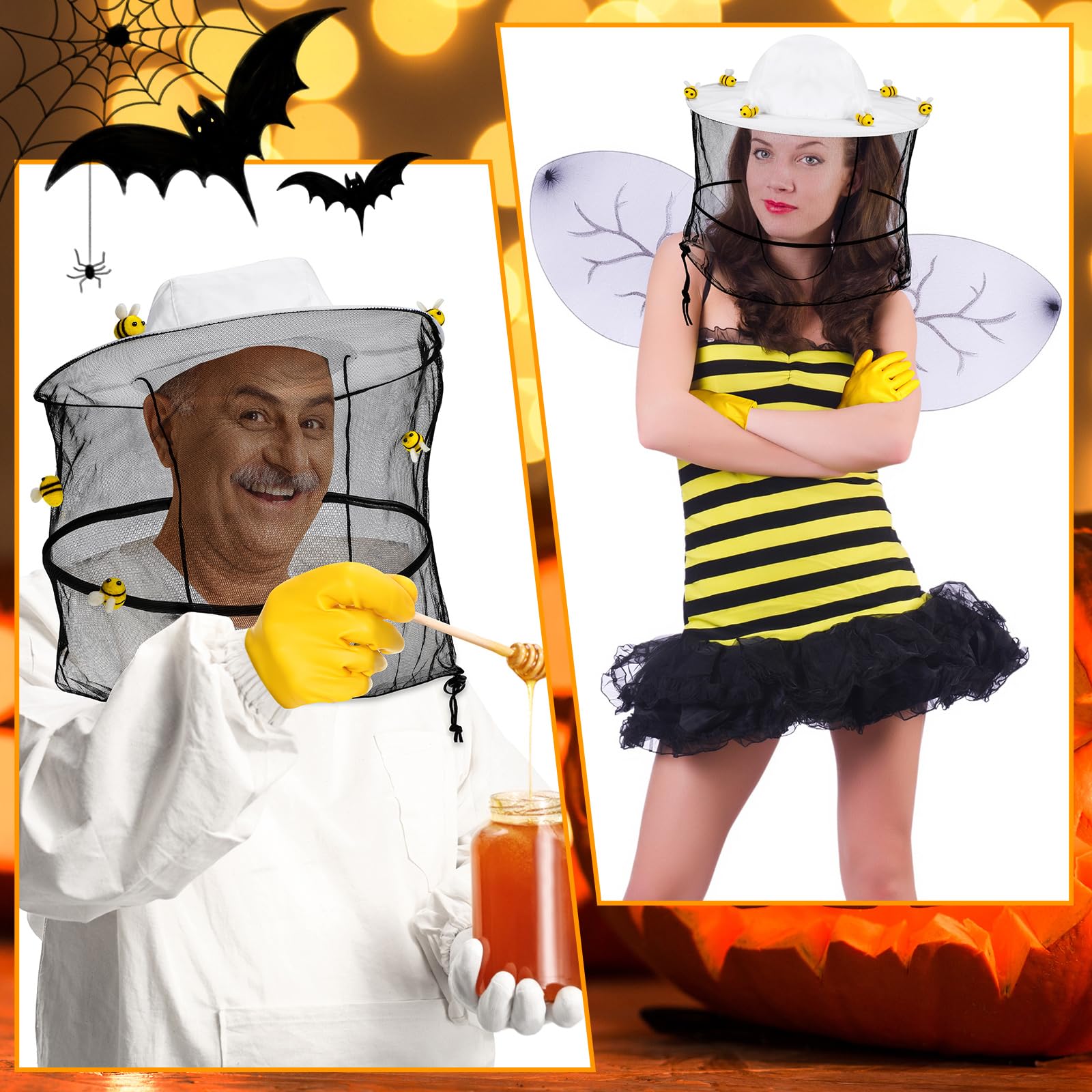 Liitrsh 88 Pcs Beekeeper Set Include 4 Pcs Beekeeper Veil Hats 4 Pcs Yellow Beekeeping Gloves 40 Pcs Wool Felt Bees 40 Pcs Double Sided Dots Tape for Men Women Beekeeping Supplies Halloween Costumes