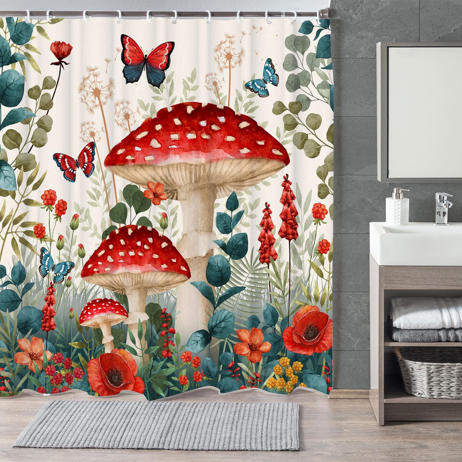 Boho Mushroom Shower Curtain, Floral Woodland Farmhouse Cottagecore Aesthetic Sage Green Eucalyptus Shower Curtain Set, Fairy Witchy Plant Botanical