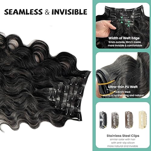 Miniatura 3 de Extensiones de cabello humano real, color negro natural, ondulado, sin costuras, extensiones de cabello humano real, 7 unidades, 3.53 oz, 16