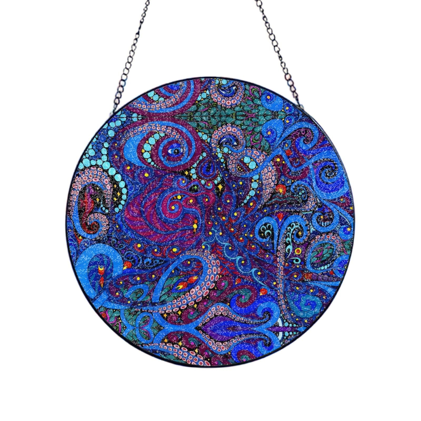 Phayah Blue Octopus Print Glass Window Hanging Sun Catchers Suncatcher Decor For Birthday For Home Garden Porch 6in（15cm）