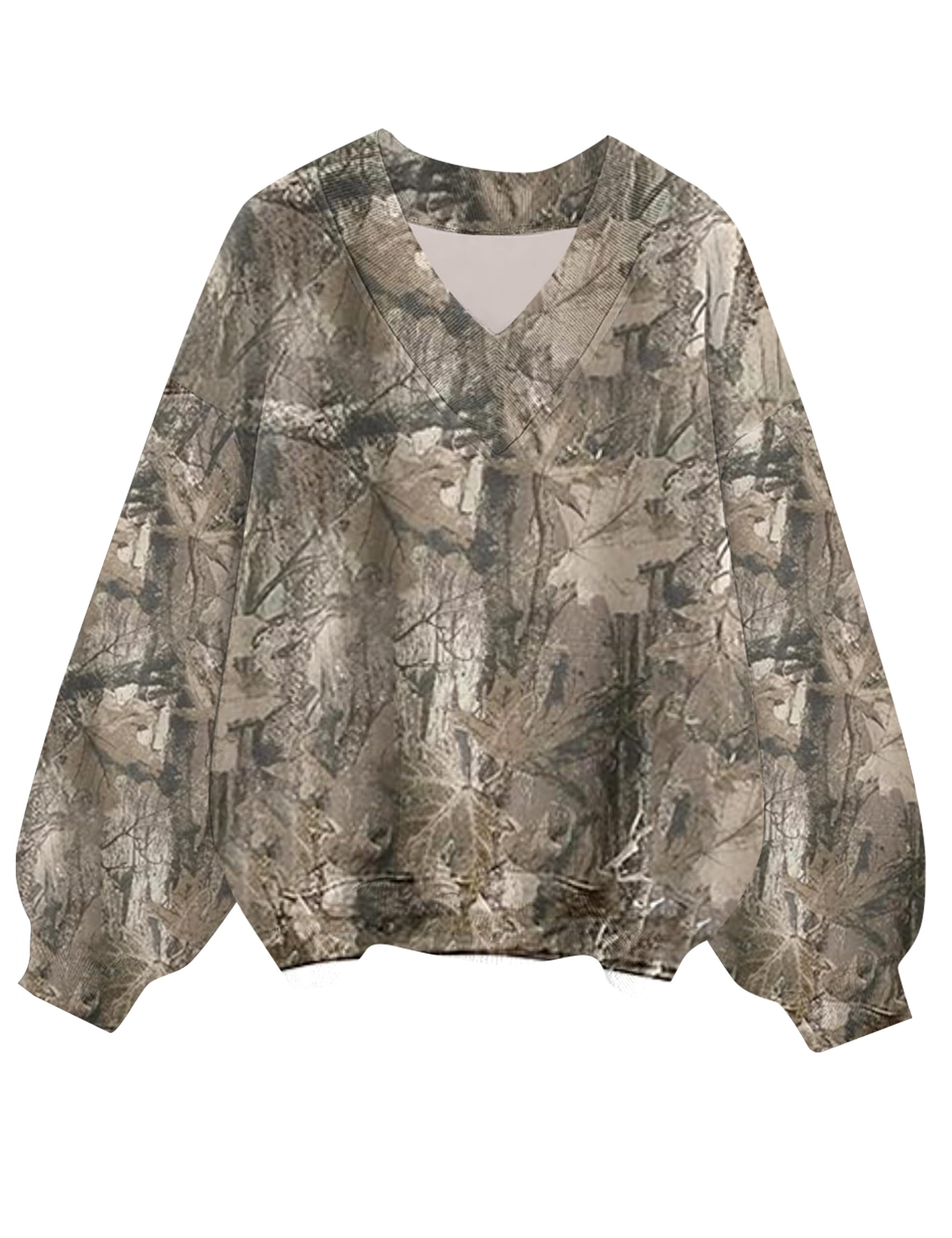 Women Y2K Camo Sweatshirt V Neck Fleece Maple Leaf Print Long Sleeve Drop Shoulder Oversized Pullover Top Fall Outfit-image-33