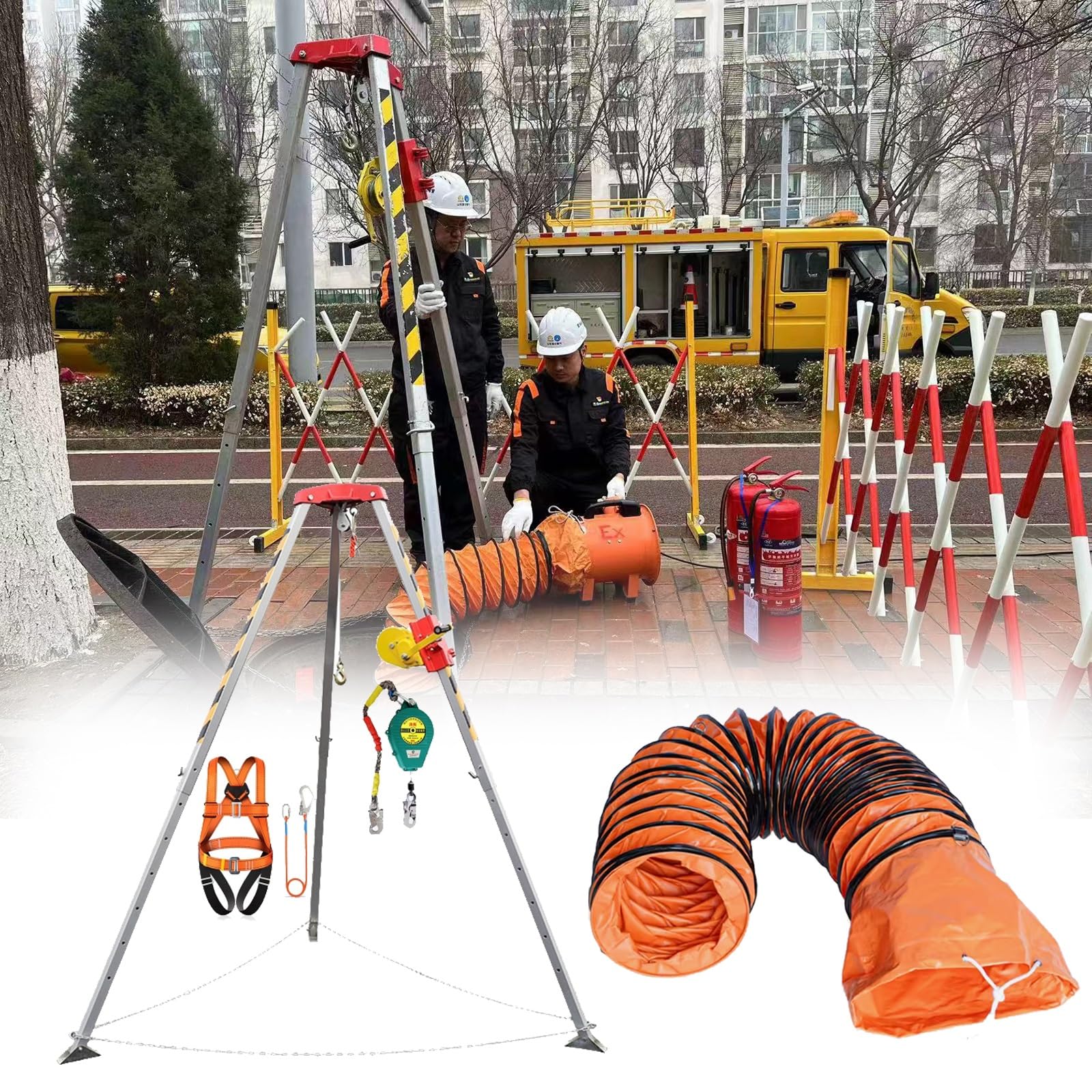 Kit de trípode de rescate en espacios confinados con manguera de escape para entrada vertical de emergencia en pozos, túneles y alcantarillados