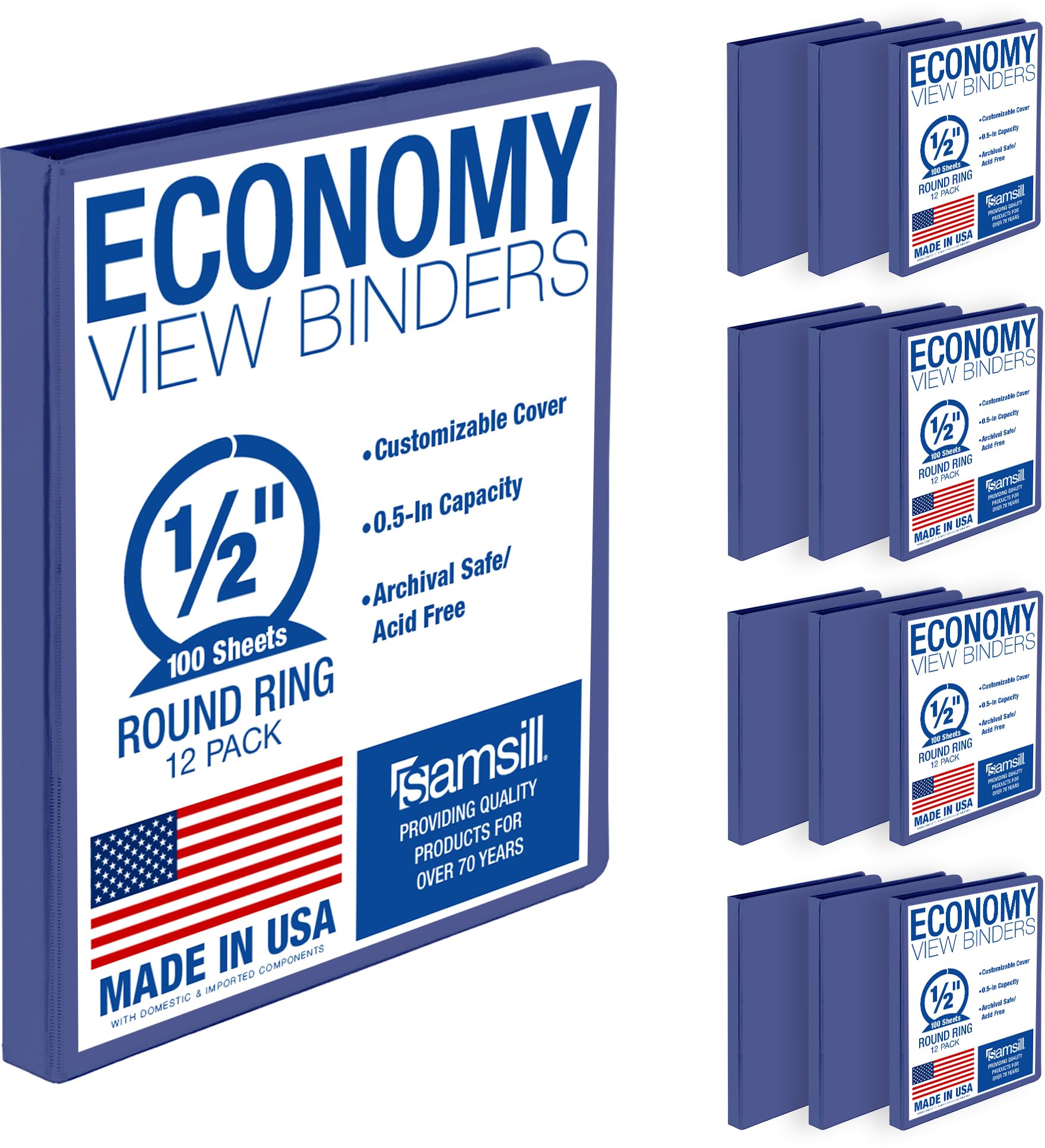 Samsill 0.5 Inch 3 Ring Binders, Economy Round Ring, Clear View Cover, 100 Sheet Capacity - for School, Home, Office - Blue, 12 Pack