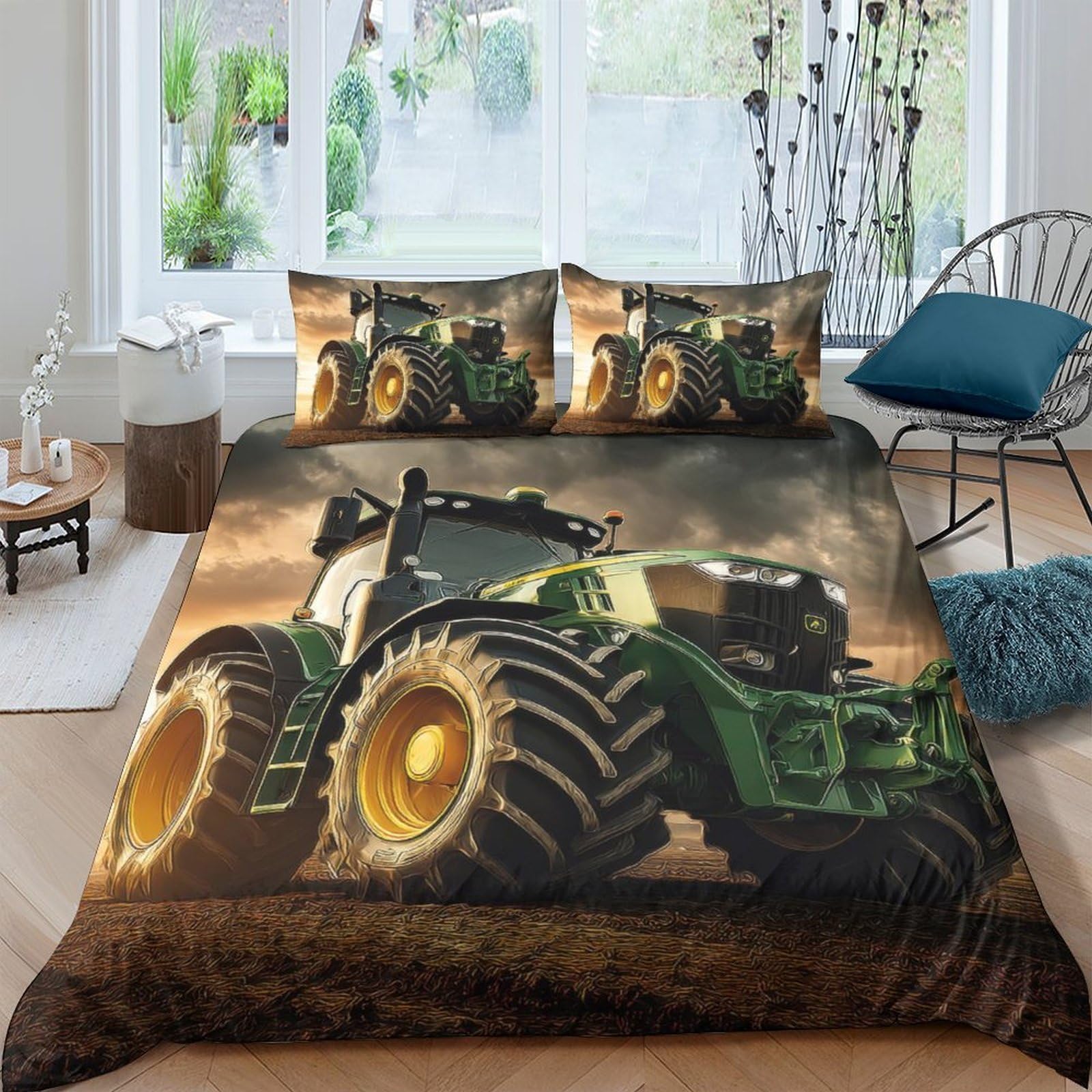 TUFRTGYHN 3D Printed Tractor Landscape Duvet Cover Set Microfiber Soft Breathable Farm Machinery Bedding Set with 2 Pillowcases for Bedroom Decor Single（135x200cm）