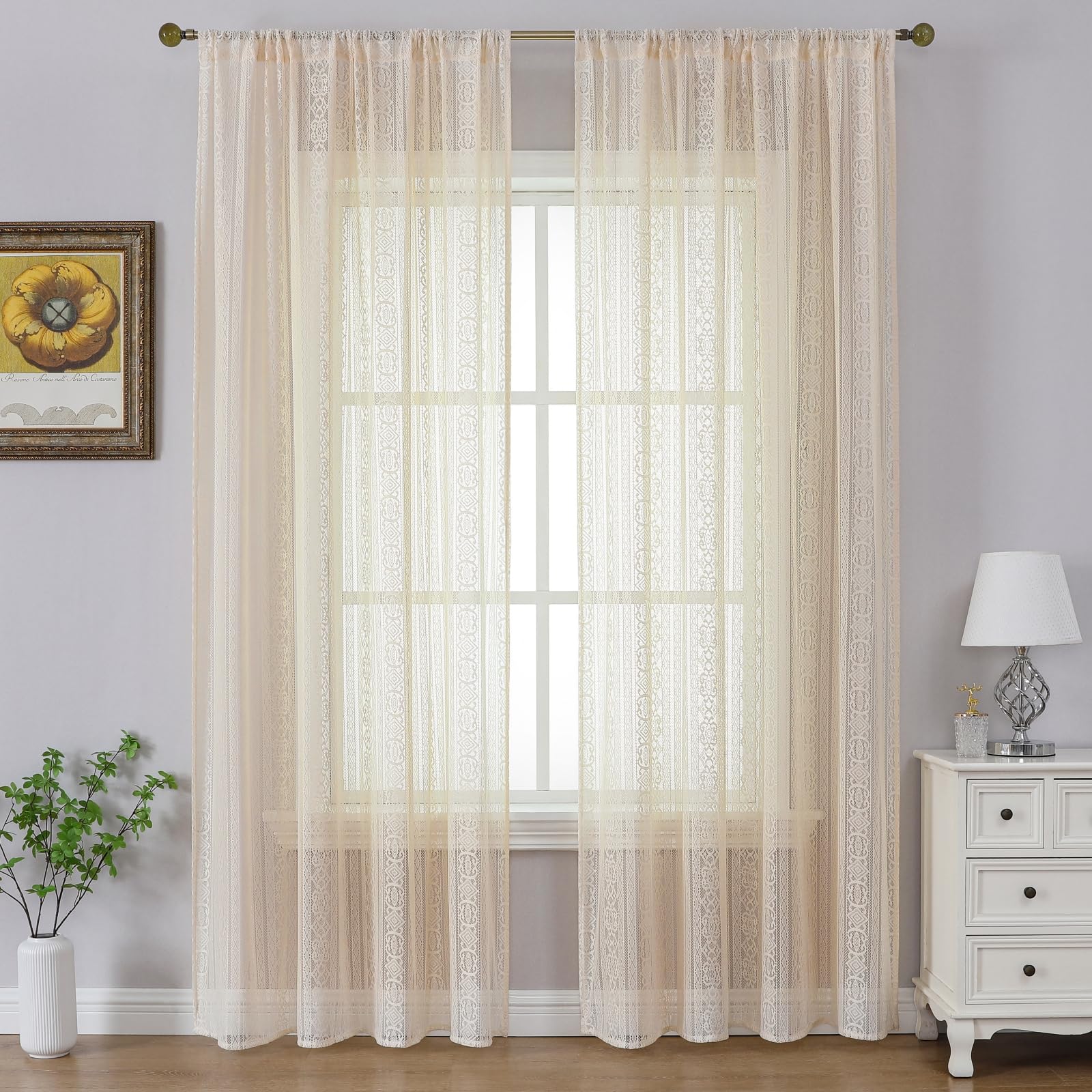 Gazal Vole Boho Crochet Curtains for Living Room and Doors – Shabby Chic Lace Window Drapes, Vintage Geometric Macrame Net Curtains, Sheer Liner for Bedroom, Rustic Style (Beige, 2 Panels)-55x87 inch
