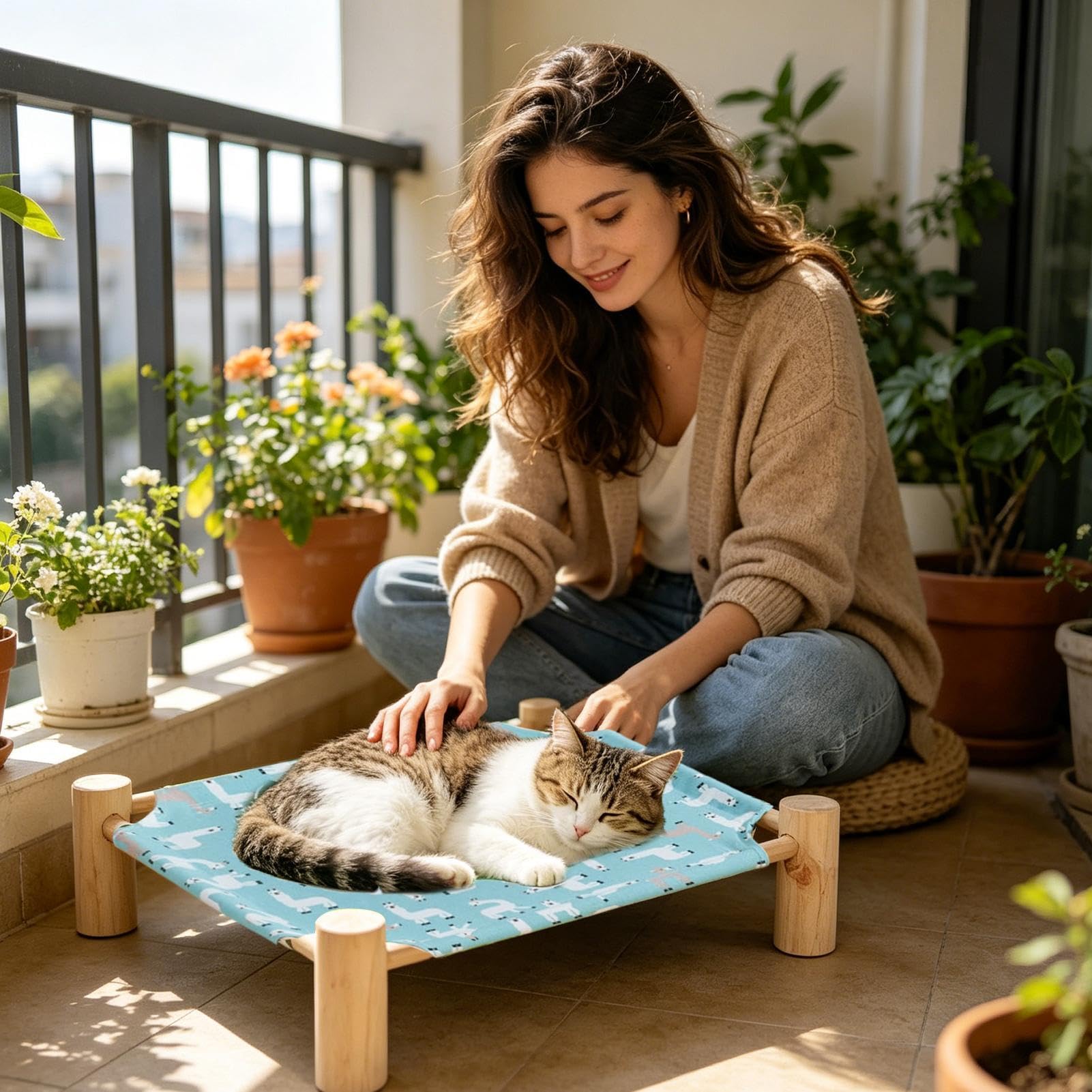 Cama de camping elevada para mascotas - Marco de madera de 53 cm, tejido hamaca extraíble y lavable, cama de dormir refrescante y transpirable, estación de descanso interior y exterior para