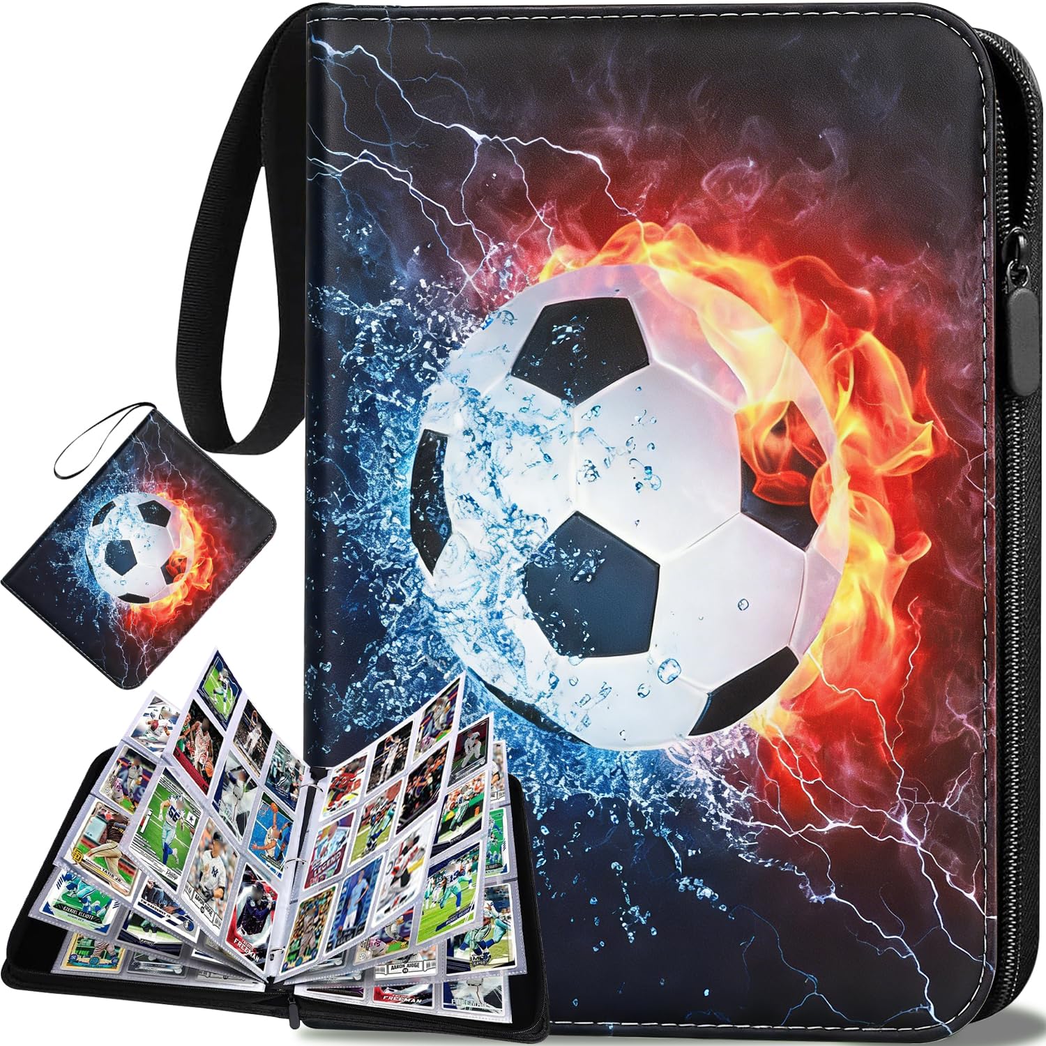 Fussball Karten Sammelalbum,Sammelkarten Album,Fußball Sammelkarten Album,900Fußball Sammelalbum,9 Fächer 50 Seiten PU Karten Halter Sammelkartenalben,Sammelkarten mit Reißverschluss und Griffschlaufe