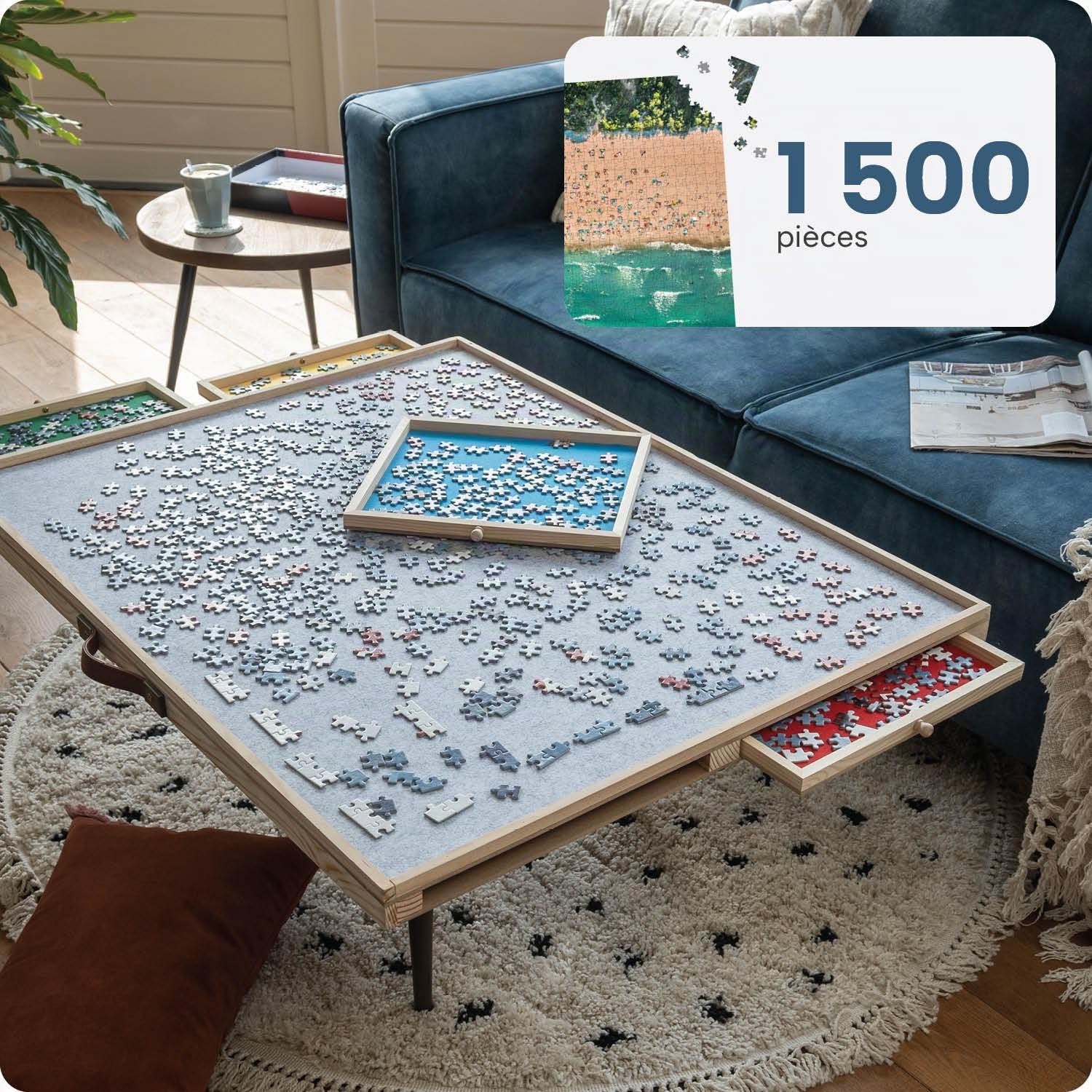 Plateau de Puzzle Inclinable pour 1500 pièces BREND - Support Puzzle Réglable - Rangement Jigsaw avec 4 Tiroirs - Planche de Puzzle - Couvercle Protecteur - Plateau de Puzzle en Bois - Table pour 1500
