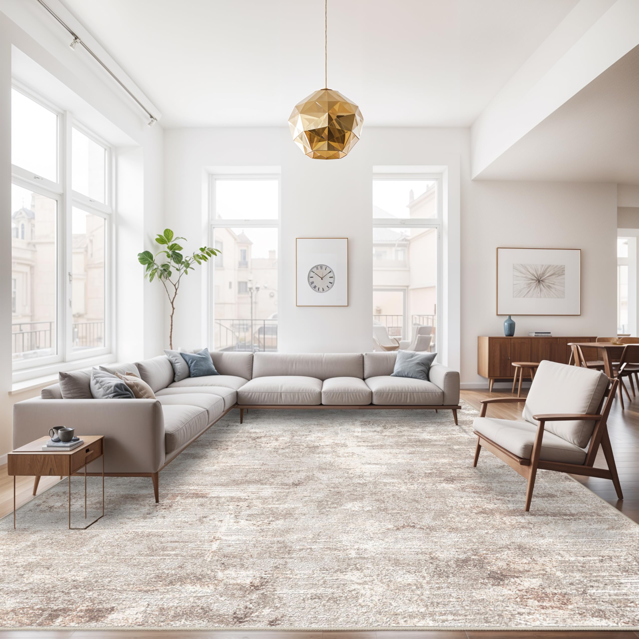 ruugme 9x12 abstract area rug:large washable living room rug non slip low pile carpet for bedroom soft foldable stain resistant distressed thin rug for dining room kitchen 9x12 brick/brown/beige