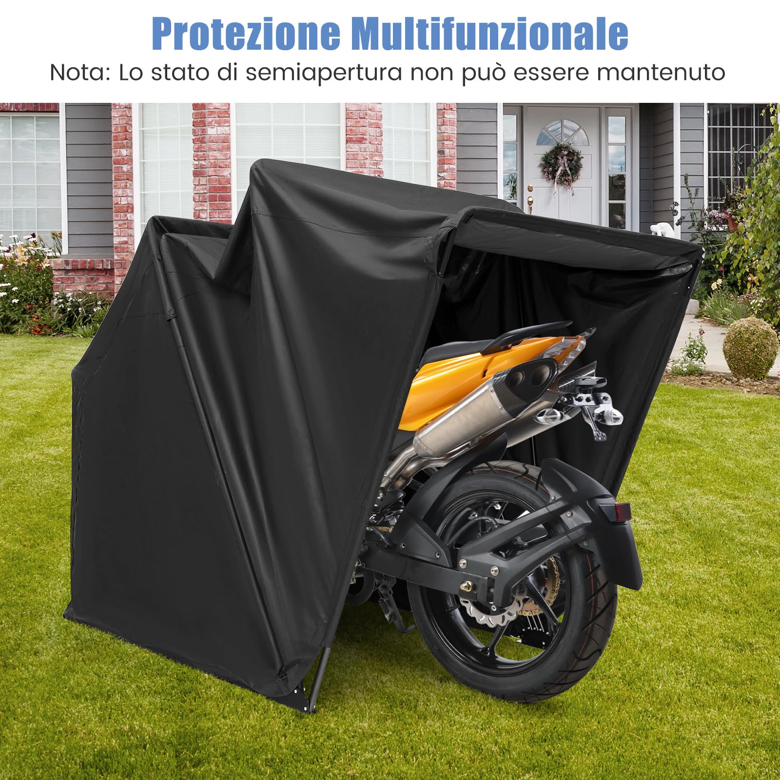 COSTWAY Telo Moto per Esterno, Garage per Moto con Copertura in Tessuto Oxford, Finestre a Rullo in Rete, Portatile e Impermeabile, 342 x 137 x 193 cm