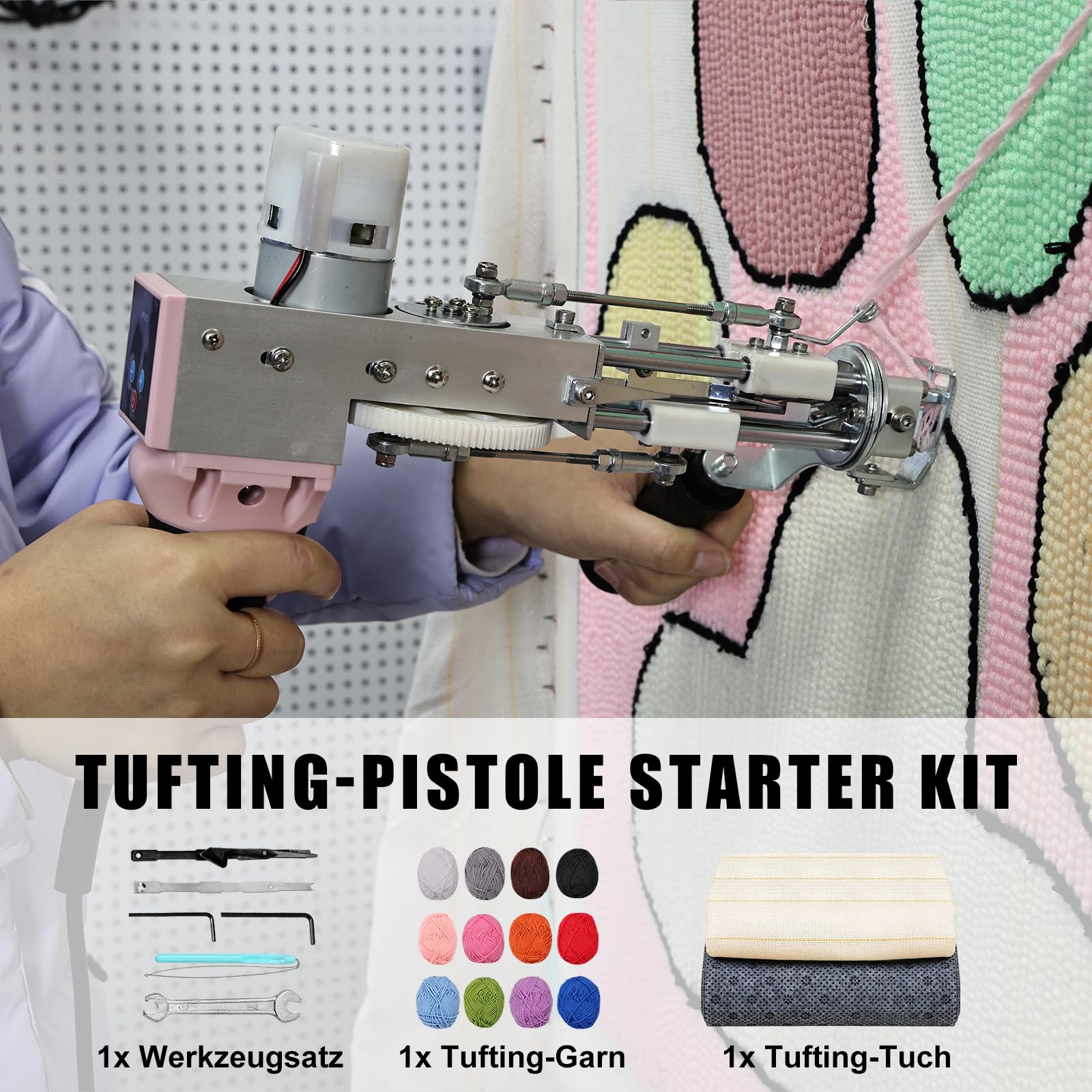 Teppich-Tufting-Pistole mit Teppich-Trimmer-Kit, Tufting Gun Set mit Digitaler Geschwindigkeitsanzeige, Tufting Maschine mit Tufting-Tuch|Garn |KitWalze|Bürste|Schaber |Stampfer -Rosa