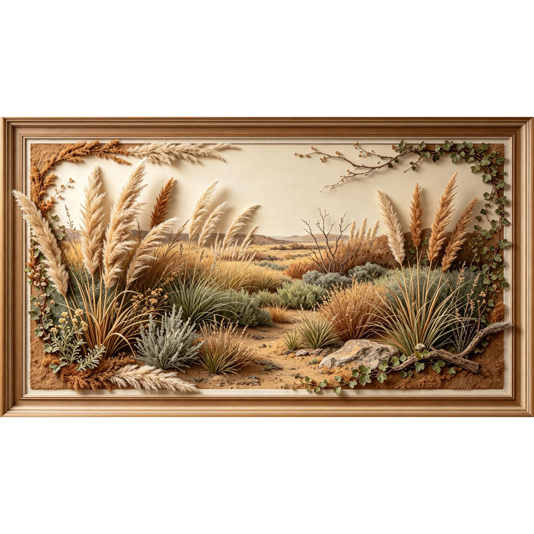 QZLITHOTIC 50x90cm3D Framed Wall Art， Botanical Landscape Pampas Grass Meadow Self‑Adhesive Mural， Water‑Activated Peel & Stick Fabric Decor Wall Decal for Bedroom Living Room