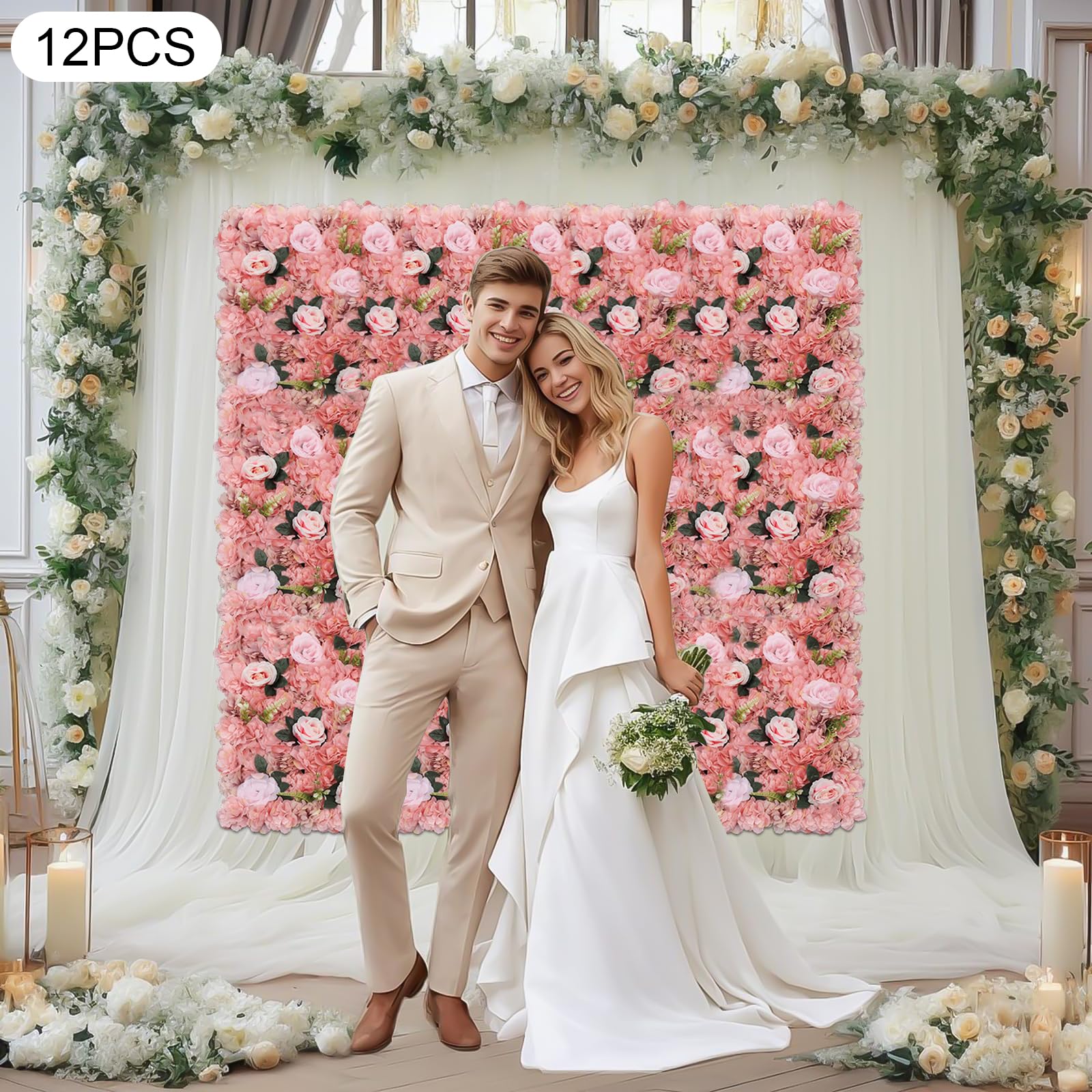 12 Stück Künstliche Hochzeit Blumenwand, Seide Künstliche Blume Wandpaneel für Hochzeit Party Deko DIY Hintergrund Rosa (A)