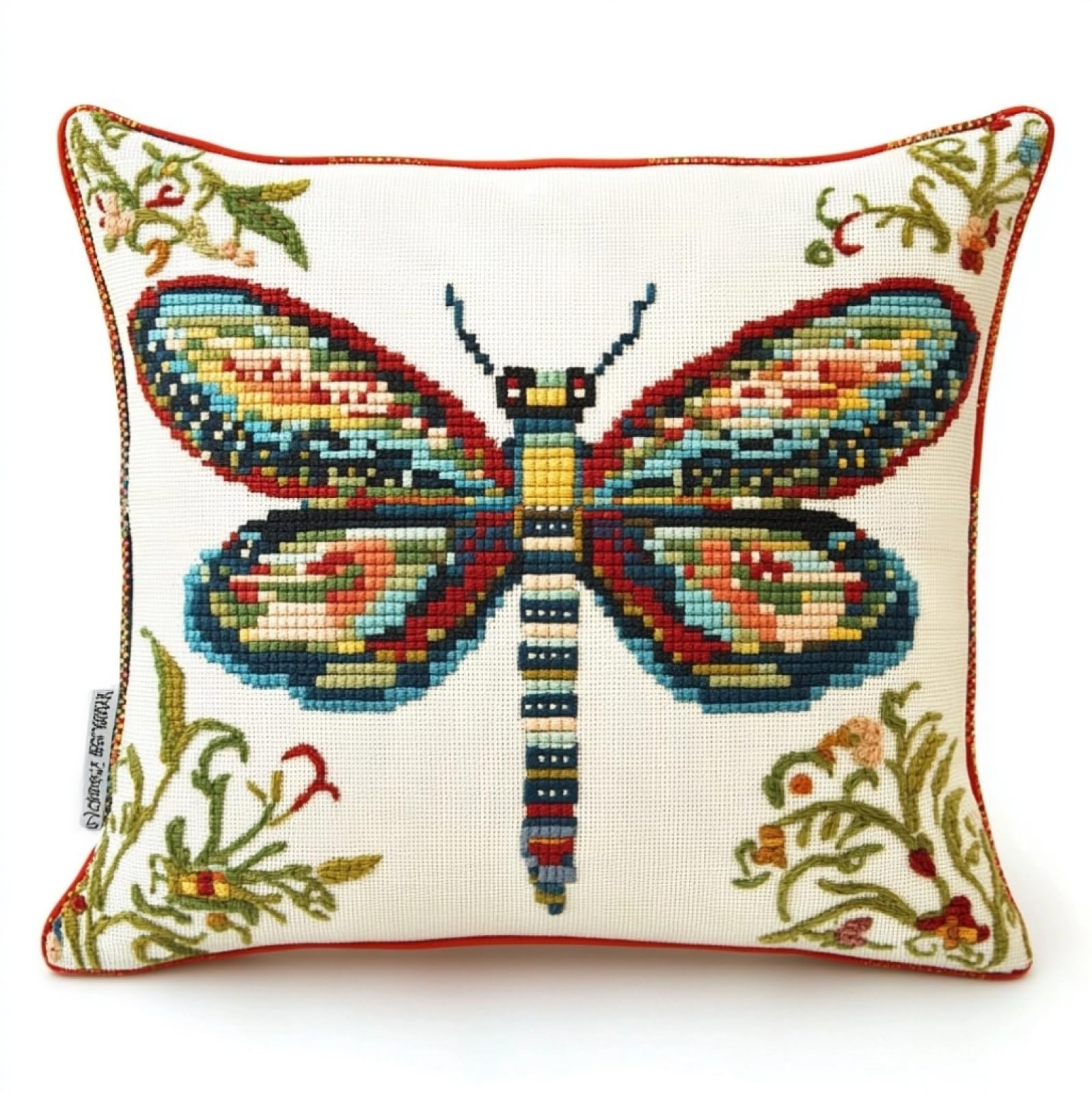 WallustrioaW Cross Stitch Cushion Kit Pillow,Dragonfly DIY Embroidery Cross Stitch Cushion Kits Needlework 11ct Stitched Pillow Cover,45x45cm