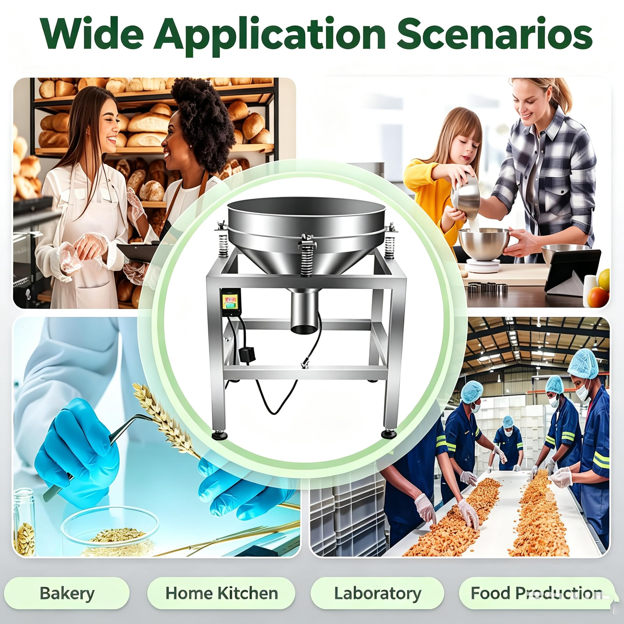 Tamizadora eléctrica de 500 mm de Grado alimentario, tamiz vibratorio automático de 70 W para harina, Herramienta de Cocina con Malla múltiple de Acero Inoxidable 304 para repostería. 150mesh