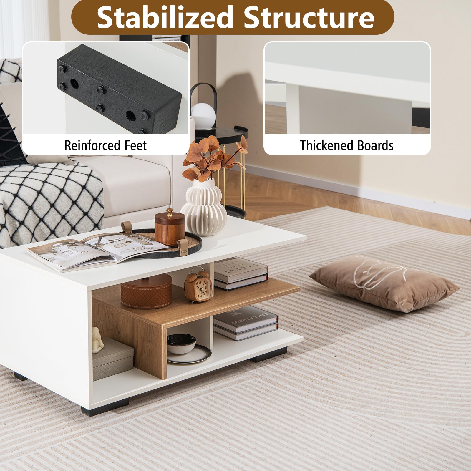 Table Basse LIFEZEAL Avec Rangement – Blanc, 90x50x42 Cm, 3 étagères, 5 Compartiments, Charge 85 Kg, Style Industriel
