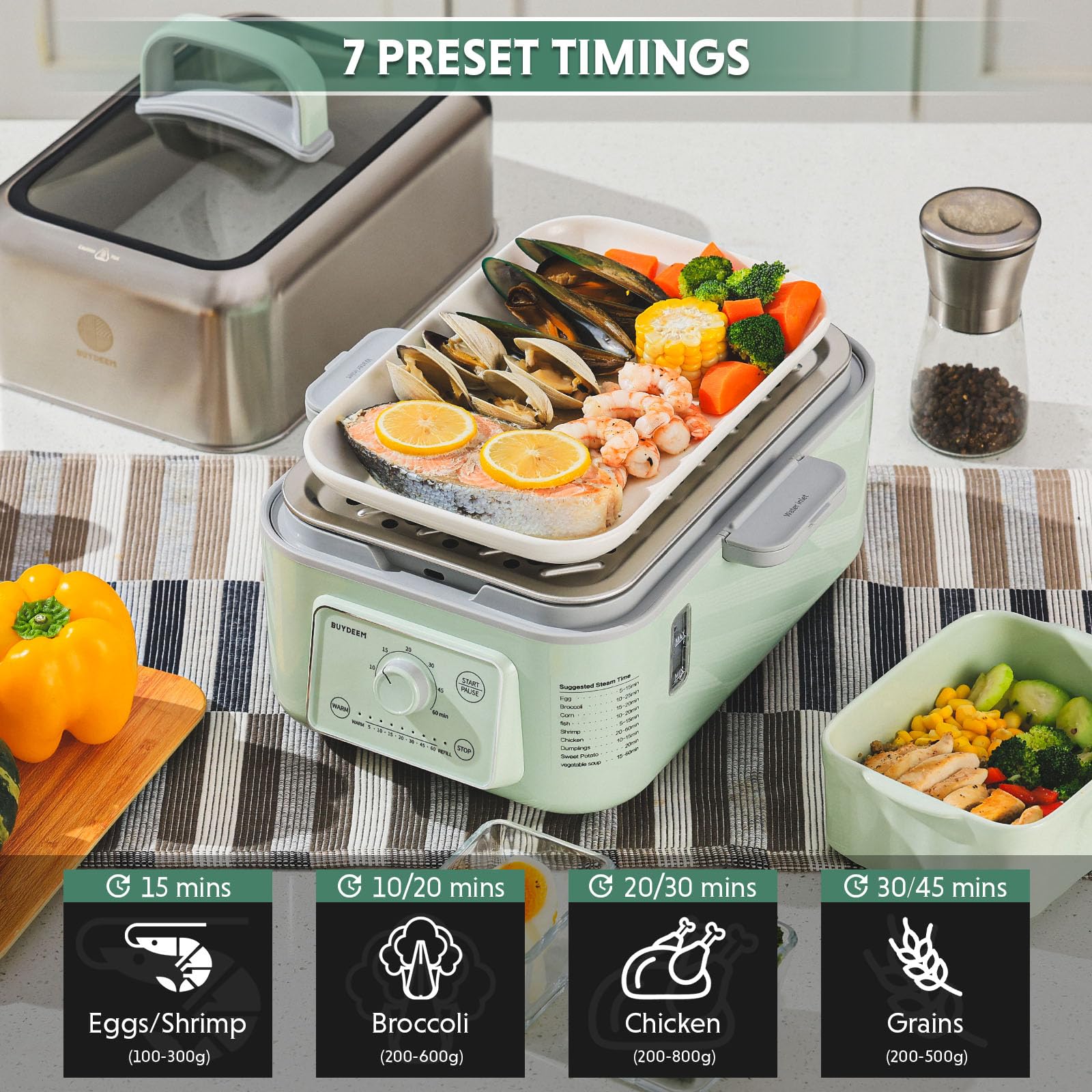 BUYDEEM G52 Elektrischer Lebensmitteldampf, 10,6 Liter für 4-8 Portionen, Gemüsedampf zum Kochen, 2 Stunden automatische Wartung, 7 voreingestellte Zeiten, doppelt