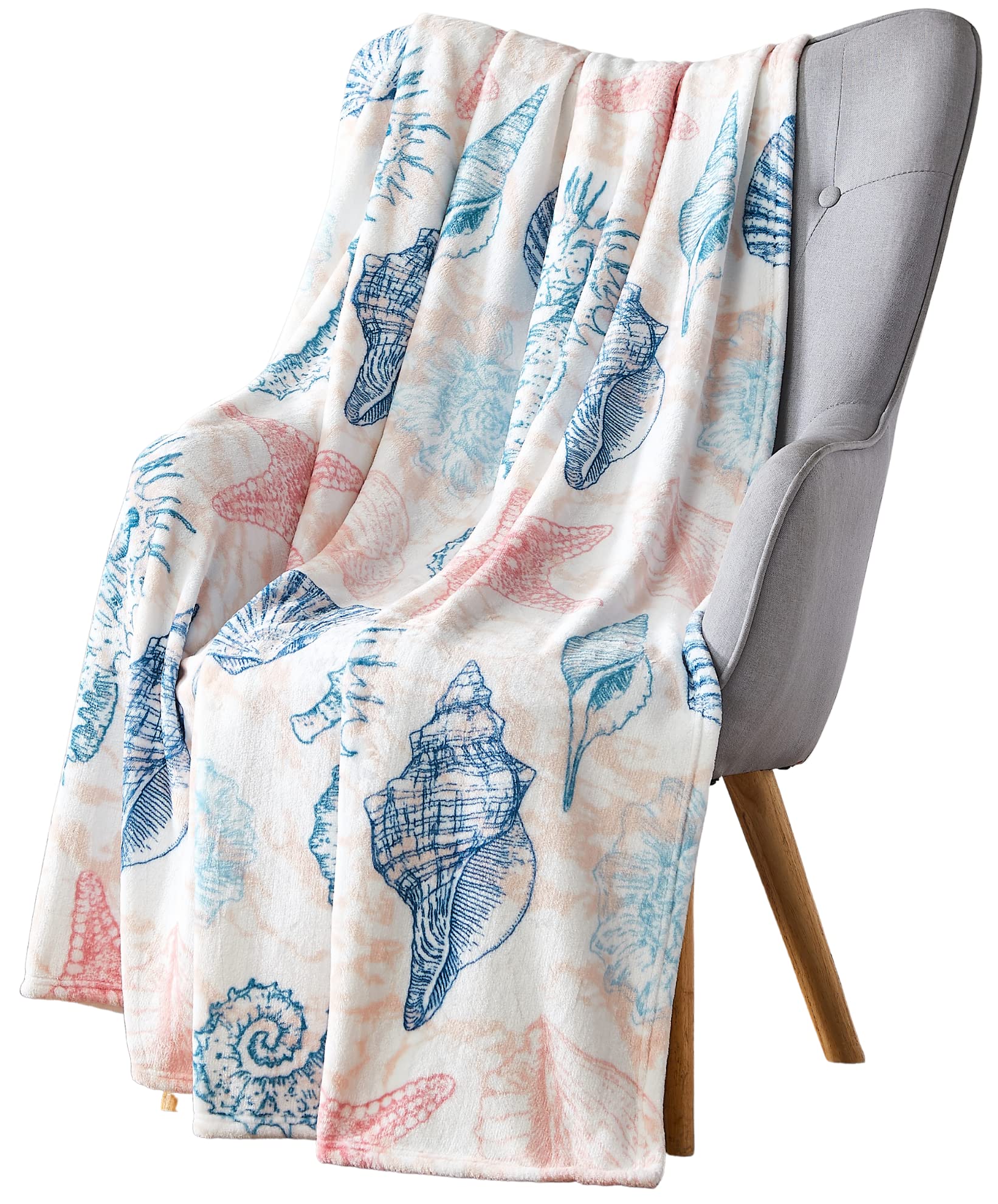 Serafina Home Decorative Ocean Life Coastal Throw Blanket: Soft Plush Velvet Fleece Calming Hues of Blues and Soft Coral Pink, Accent for Sofa Couch Chair Bed or Dorm (Kai)