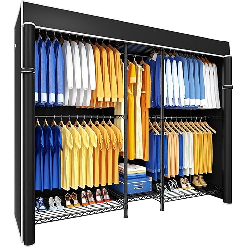 Ulif E12C Heavy Duty Closet Organizer System，Freestanding Clothing Rack, Adjustable Garment Rack 71" W x 16" D x 76.5" H Holds 960 lbs, Black Rack with Black Dustproof Cover