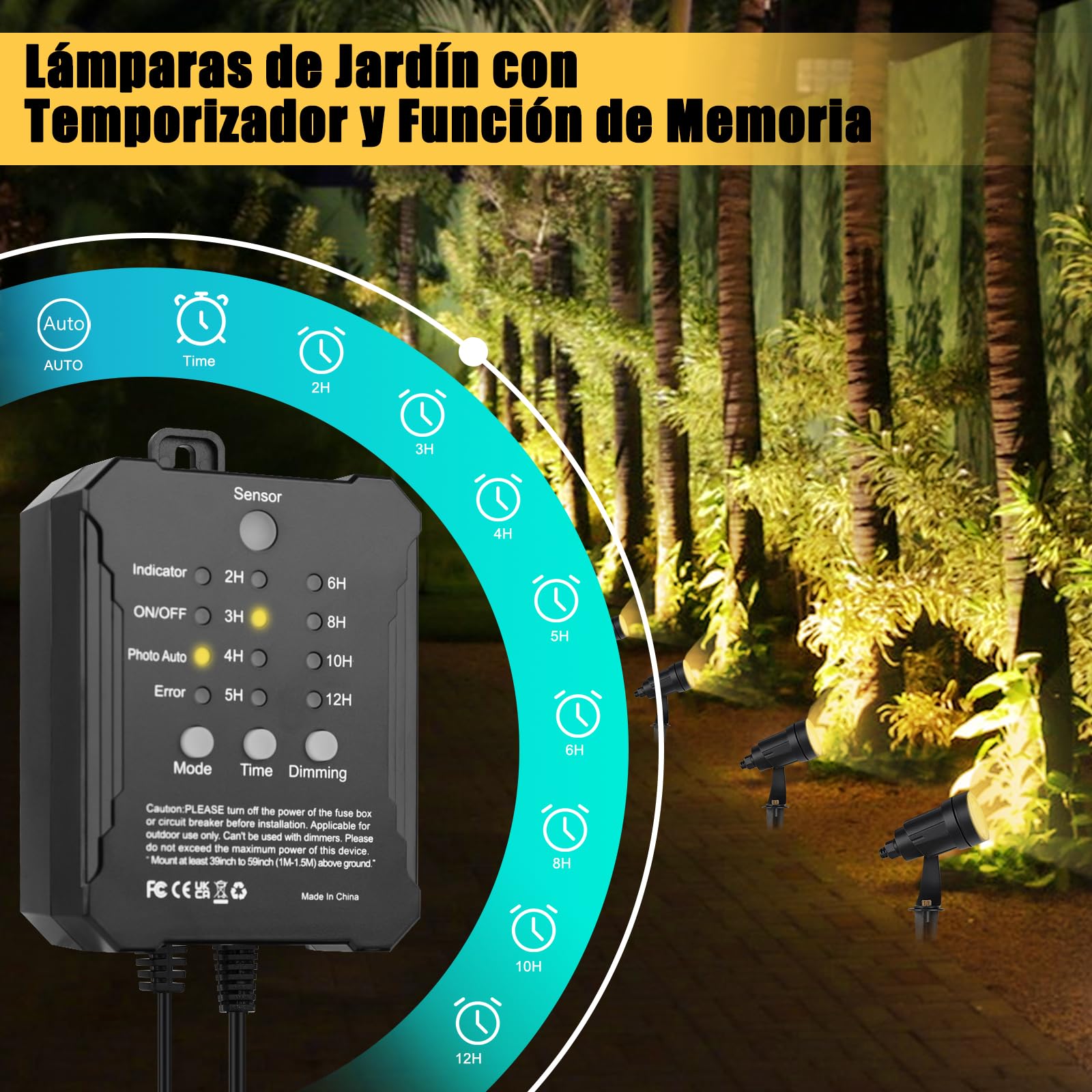 COOLWEST Luces LED Exterior Jardin con Sensor de Luz, 20M 8x5W Focos LED Exterior Blanco Cálido 3000K Impermeable IP65, 36V Lámpara de Jardín con Temporizador para Patios, Entrada de Vehículos