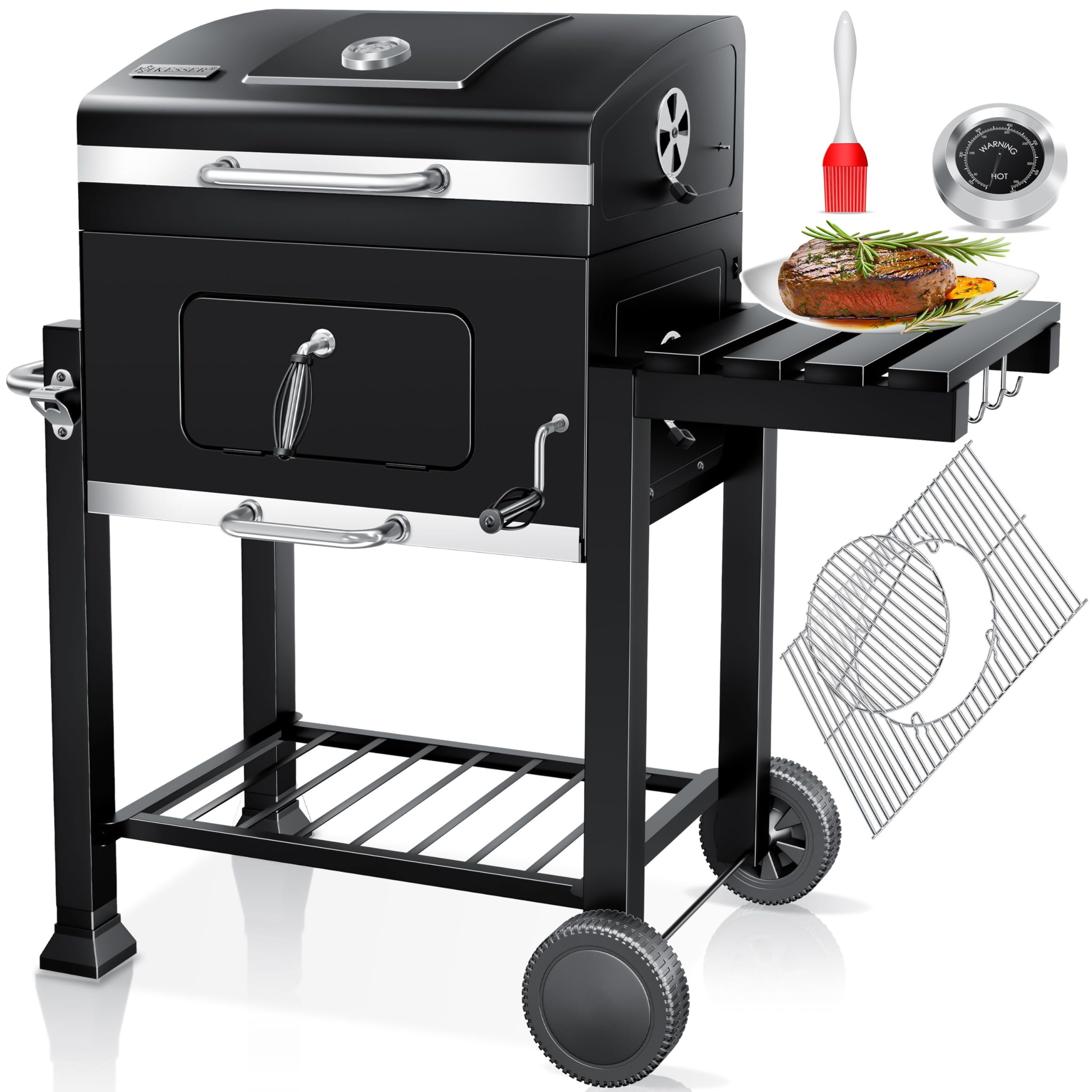 KESSER® Grill Grillwagen BBQ Smoker XL Holzkohlegrill mit Deckel, Rädern, Edelstahl-Griff, Grillrost, Thermometer, & Silikon-Pinsel, Standgrill, Kohlegrillwagen