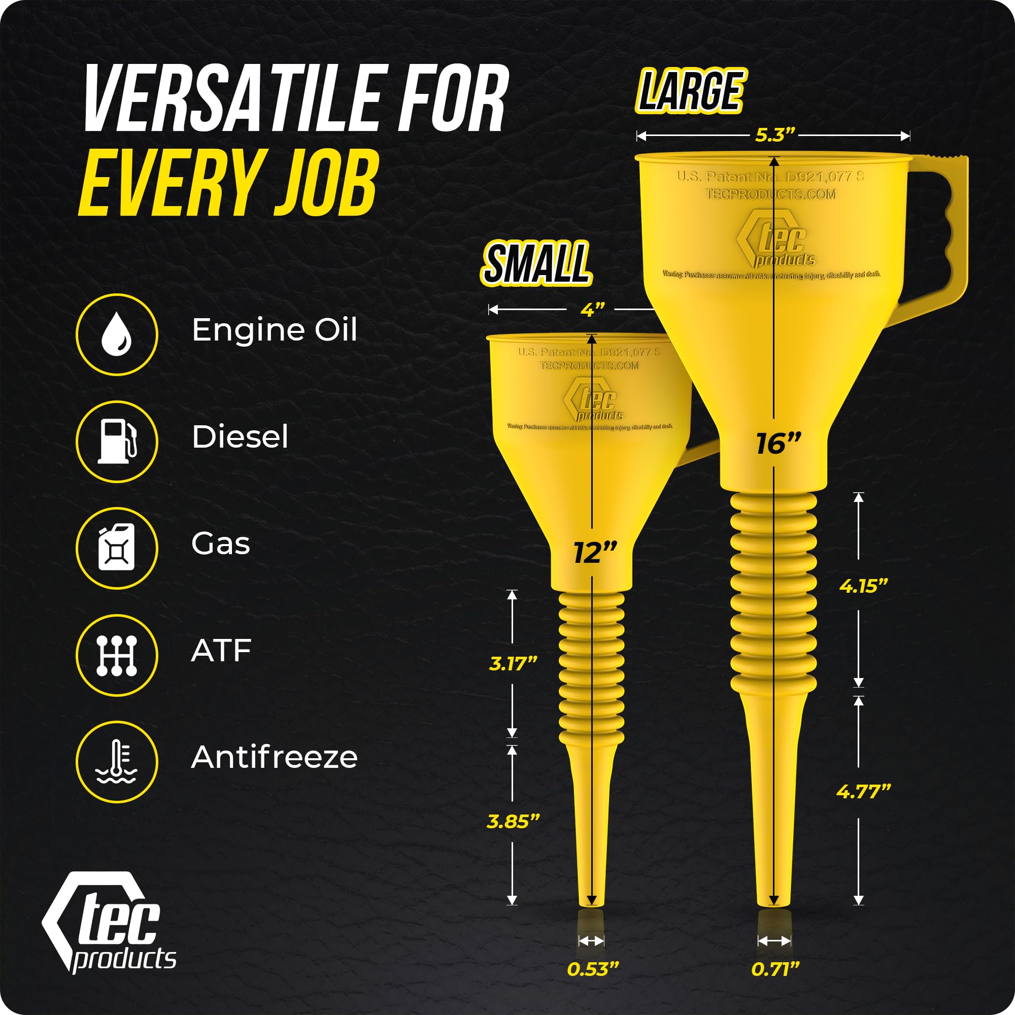 TEC Products FlexAll Embudos largos y flexibles, embudo de aceite automotriz con manguera, goma de nitrilo duradera para cambio de aceite, líquido de transmisión, diésel, combustible, gas, fabricado