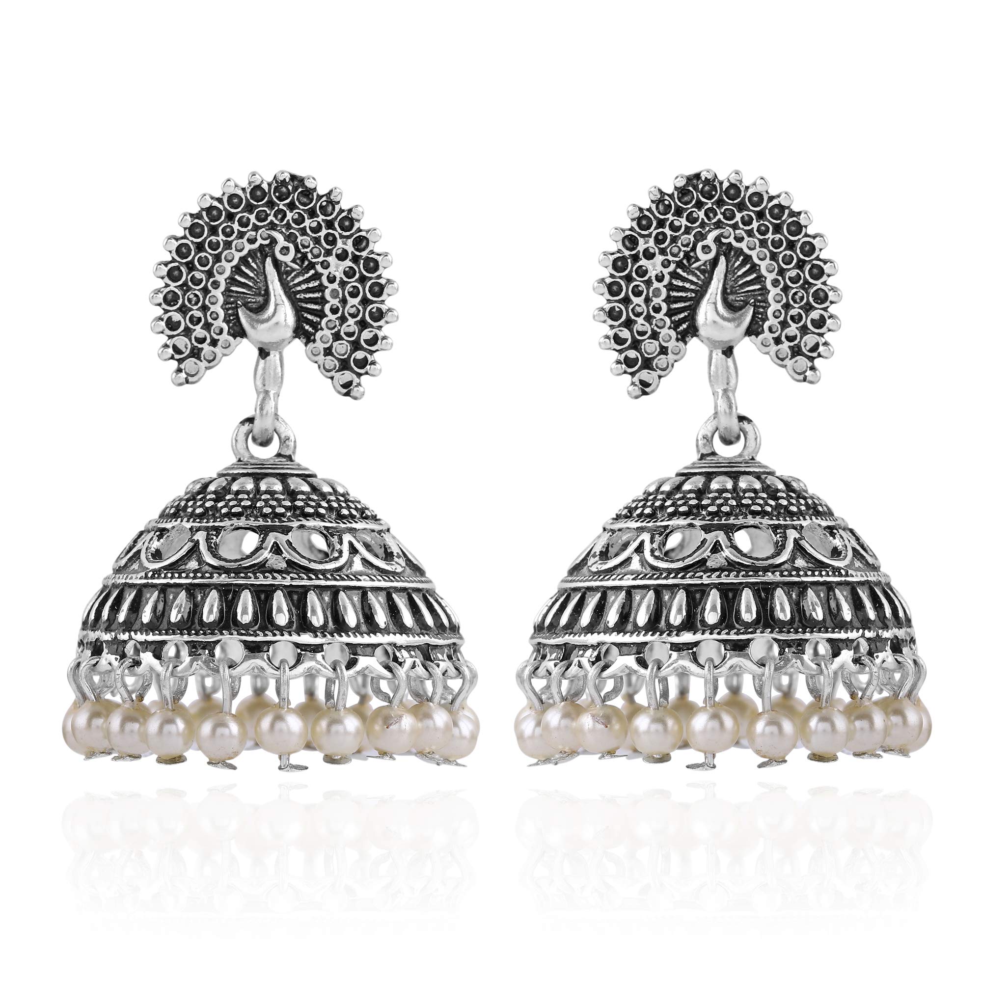Estele Women & Girls Silver Oxidised Stylish Traditional Peacock Earrings
