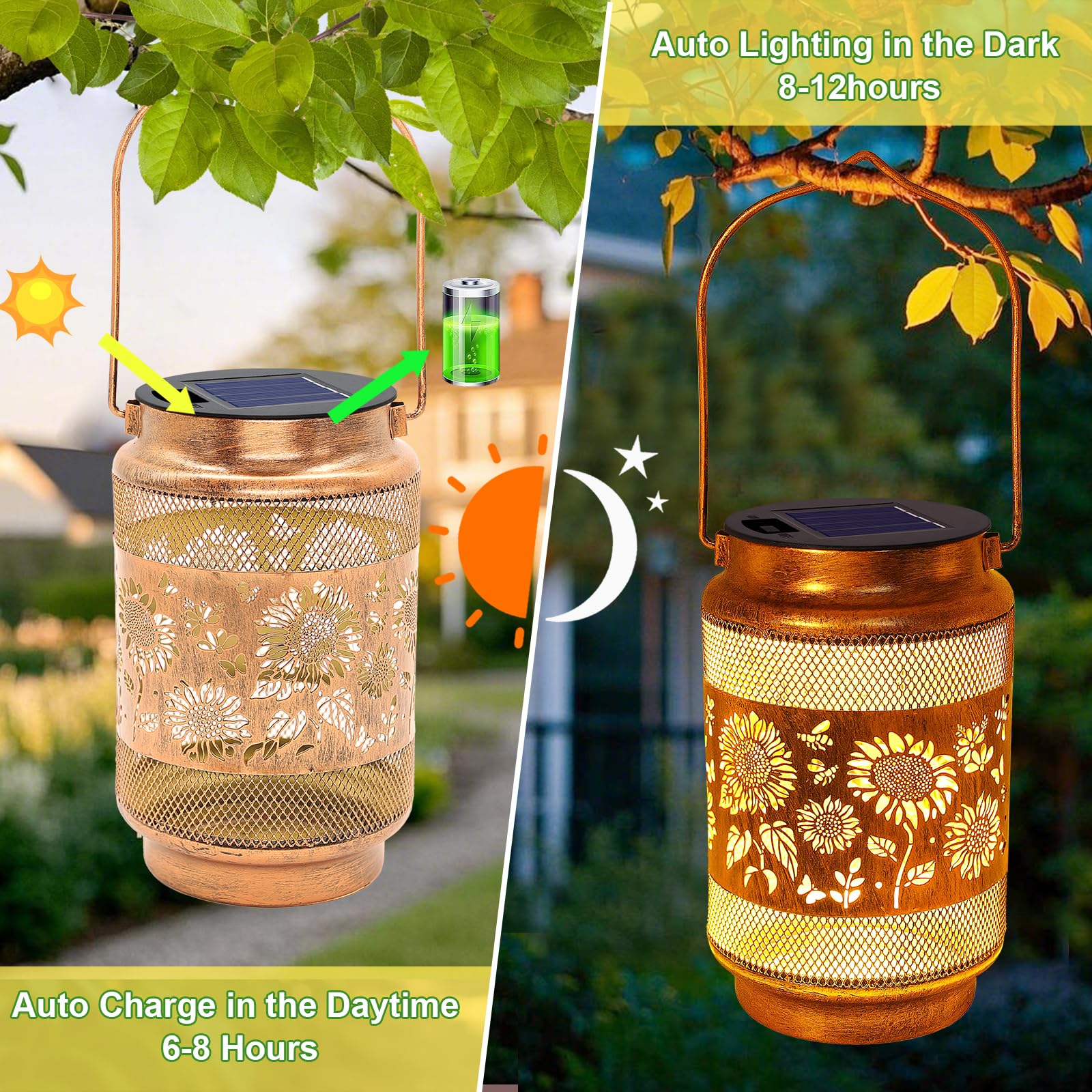 Lanterne solari per esterni, impermeabili, decorazione da giardino, regalo di compleanno per donne, mamma, nonna, girasole in metallo, luci solari da appendere con gancio da pastore, per esterni,