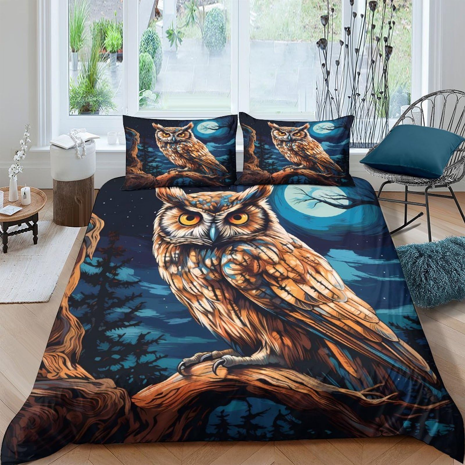 Ctjqhvkz Style-6 3D Printed Night Owl Fitted Sheet Microfiber Soft Breathable Moon Forest Mattress Cover For Bedroom Dorm Decor Single（135X200cm）