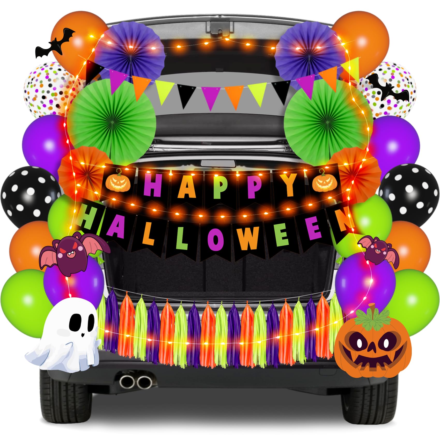 Roberly Trunk or Treat Decorations Kit for Car SUV, Happy Halloween Themed with Banner, Paper Fans, Balloons, Light, Tassel and Pumpkin Bat Ghost Sticker for Halloween Door Garage Car Decor
