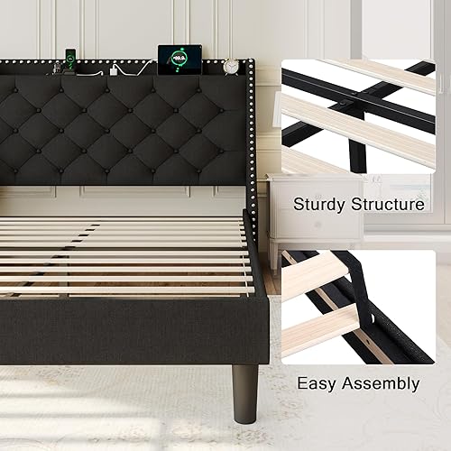 Miniatura 13 de Base de cama tamaño Queen con cabecero de almacenamiento capitoné con botones en la parte trasera y puertos tipo CA, plataforma tapizada, soporte de