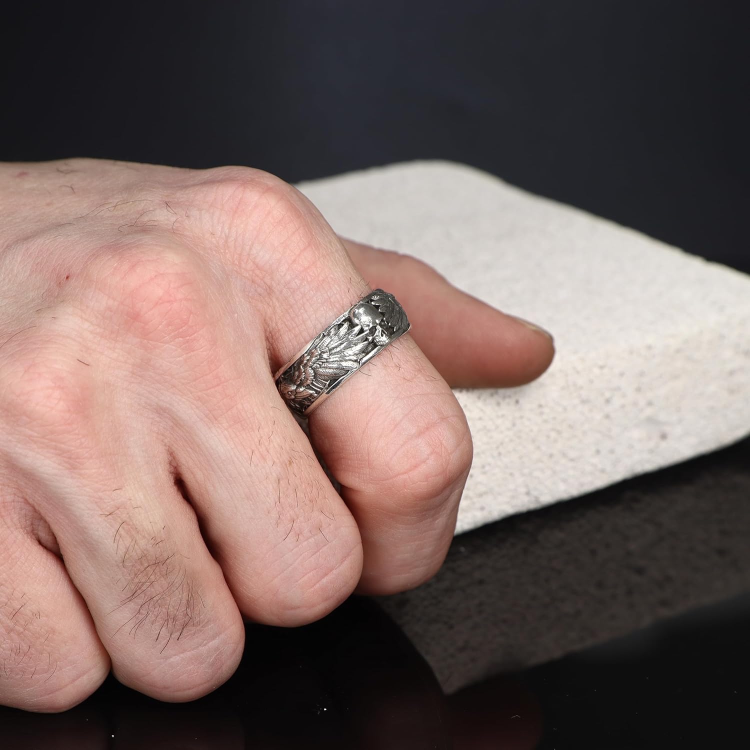 Handmade Raven and Skull Band Ring, Gothic Men Ring, Biker Ring, 925 Sterling Silver Ring, Mythological Ring - Image 2