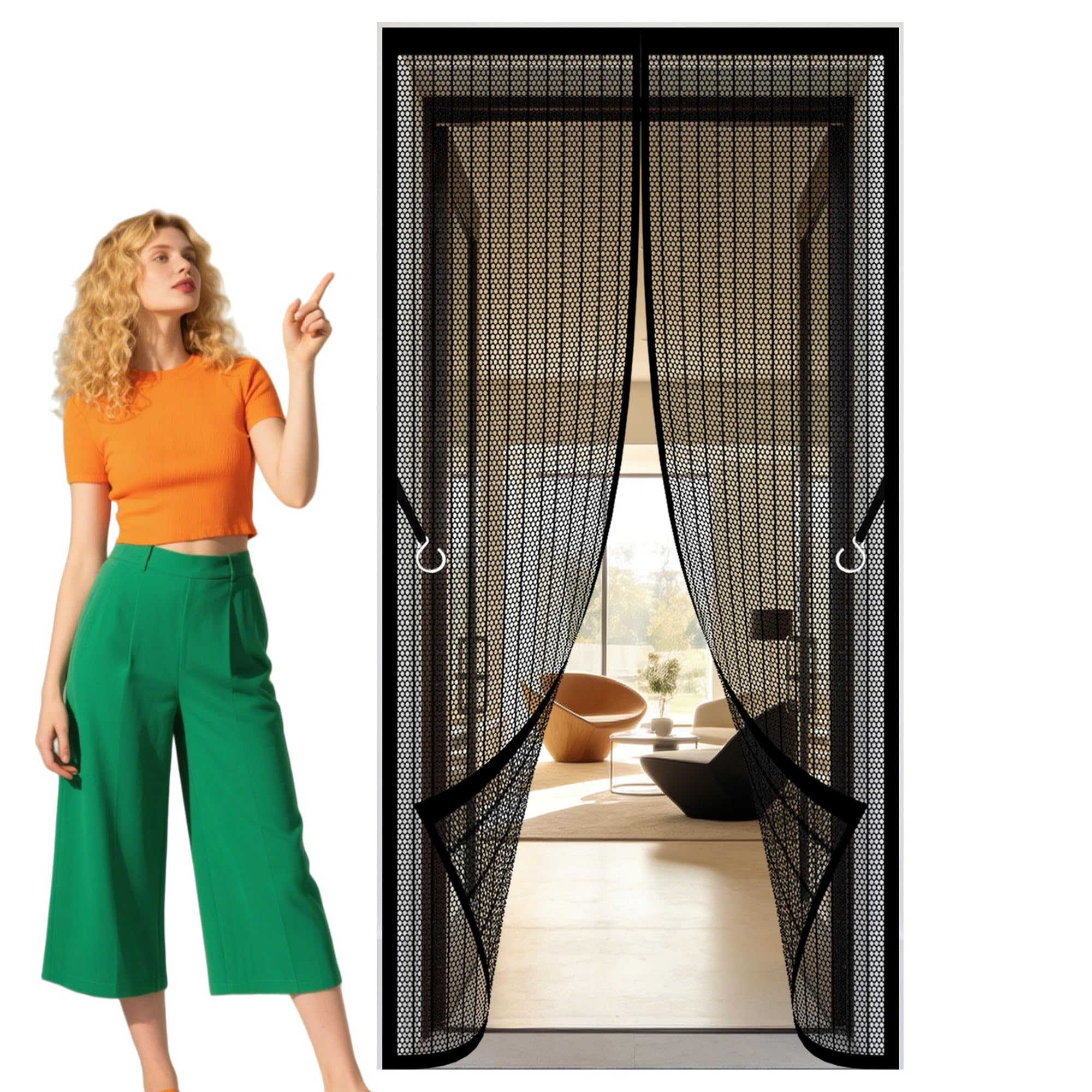 Door Fly Screen Curtain 103 x 247 cm Self Sealing, Hands Free Mosquito Screen Door Keep Fresh Air in Bugs Out Suitable for Patio Room Balcony Bedroom, Black