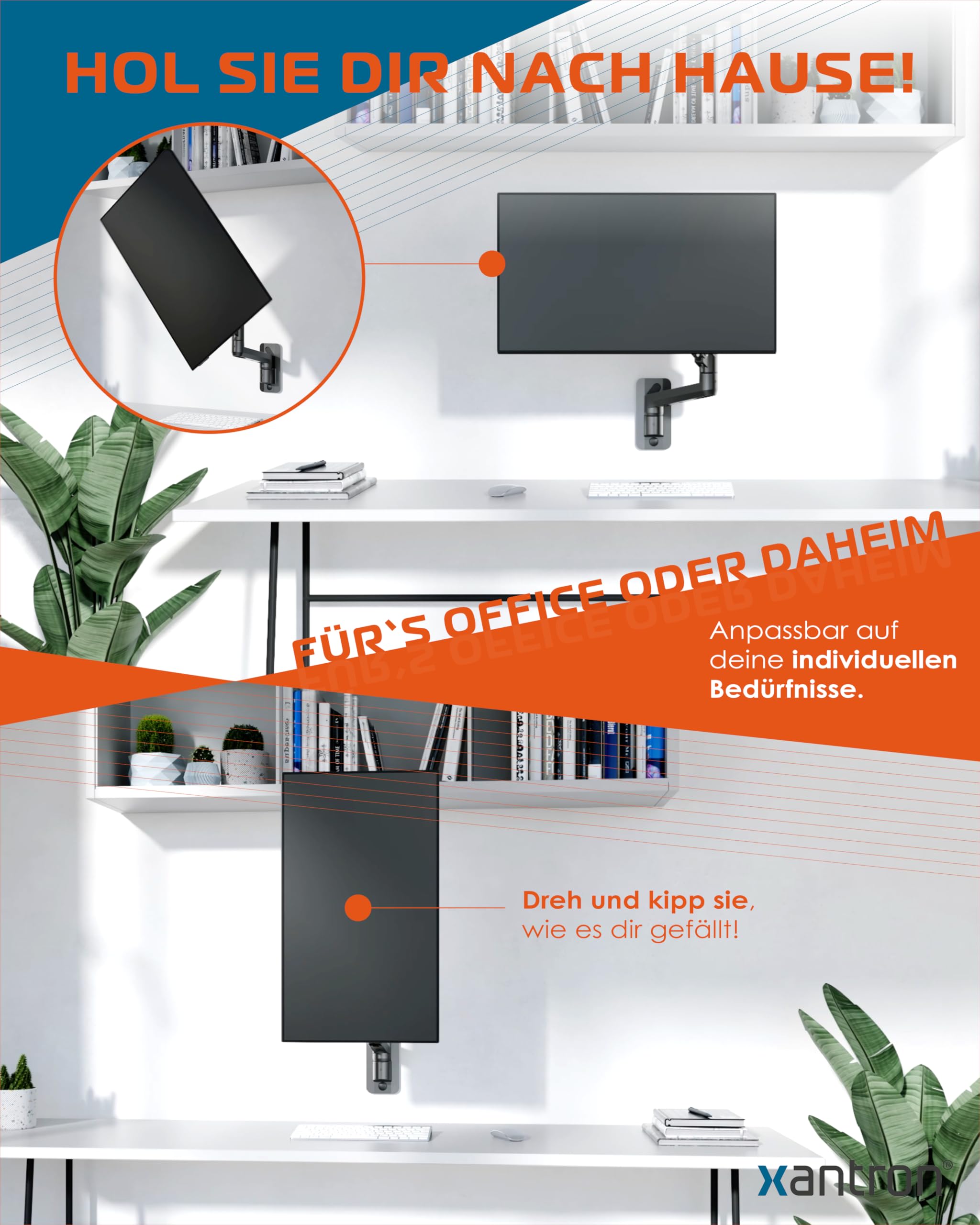 Xantron PRO-WallGS - Supporto da parete ergonomico regolabile in altezza, VESA 75 x 75 e 100 x 100 cm, per monitor 1 monitor da 17 a 49 pollici, rotazione a 360 gradi fino a 20 kg