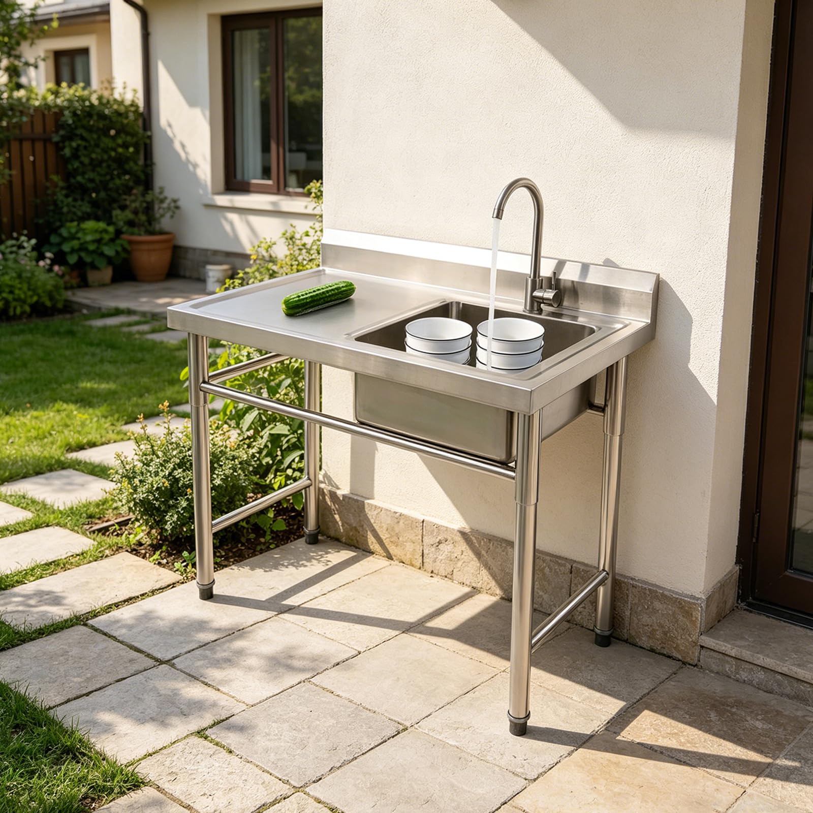 Küchenspüle, Freistehende Edelstahl Spültisch Gastro 1 Becken, Edelstahlspüle, Gewerbliche Spülbecken mit Wasserhahn Kalt und Warmwasserschläuchen für Waschküche, Bauernhaus