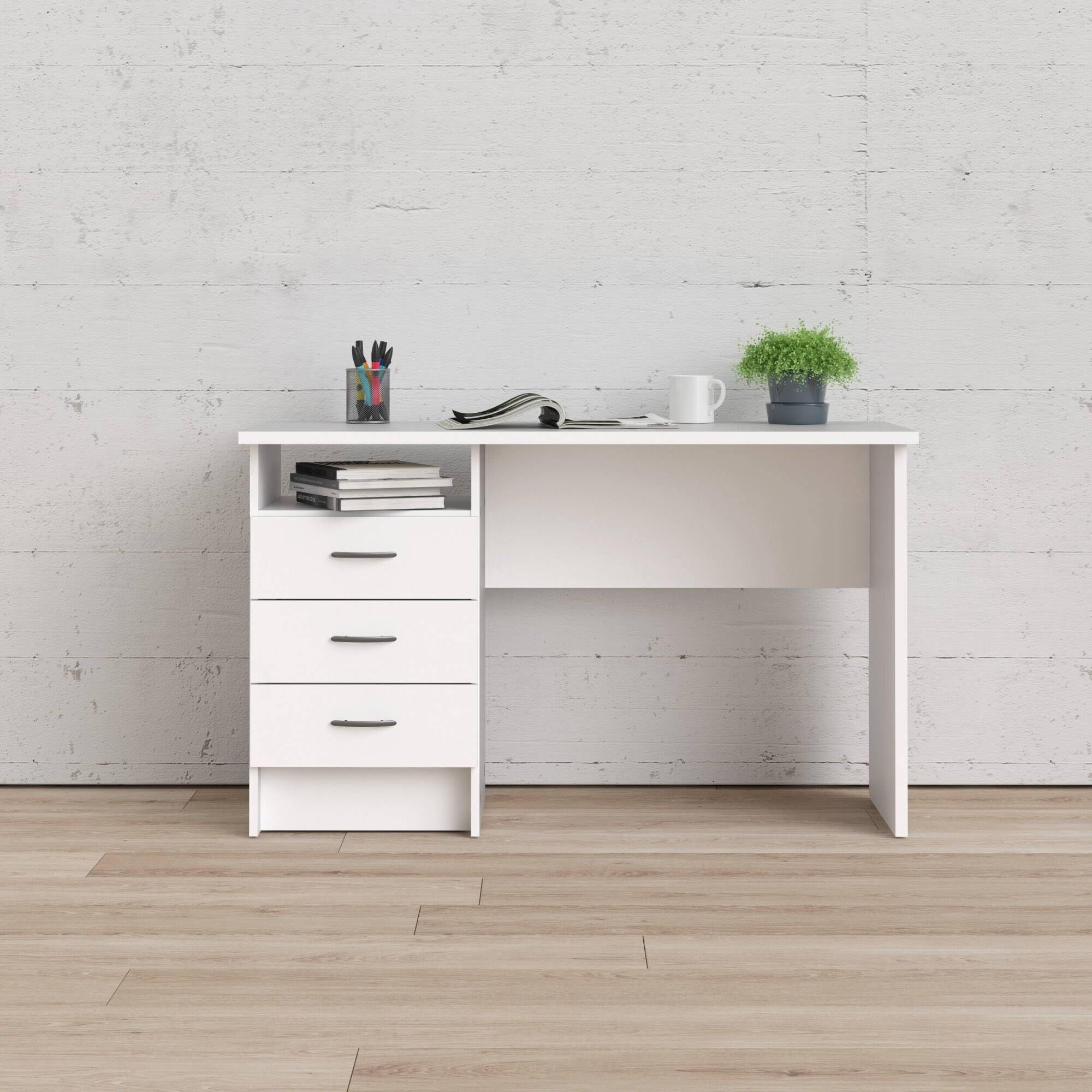 Dmora Scrivania 48.1x120.1x72.6h cm Bianco 3 Cassetti Materiale Piano in Legno Nobilitato, Colore Piano Bianco