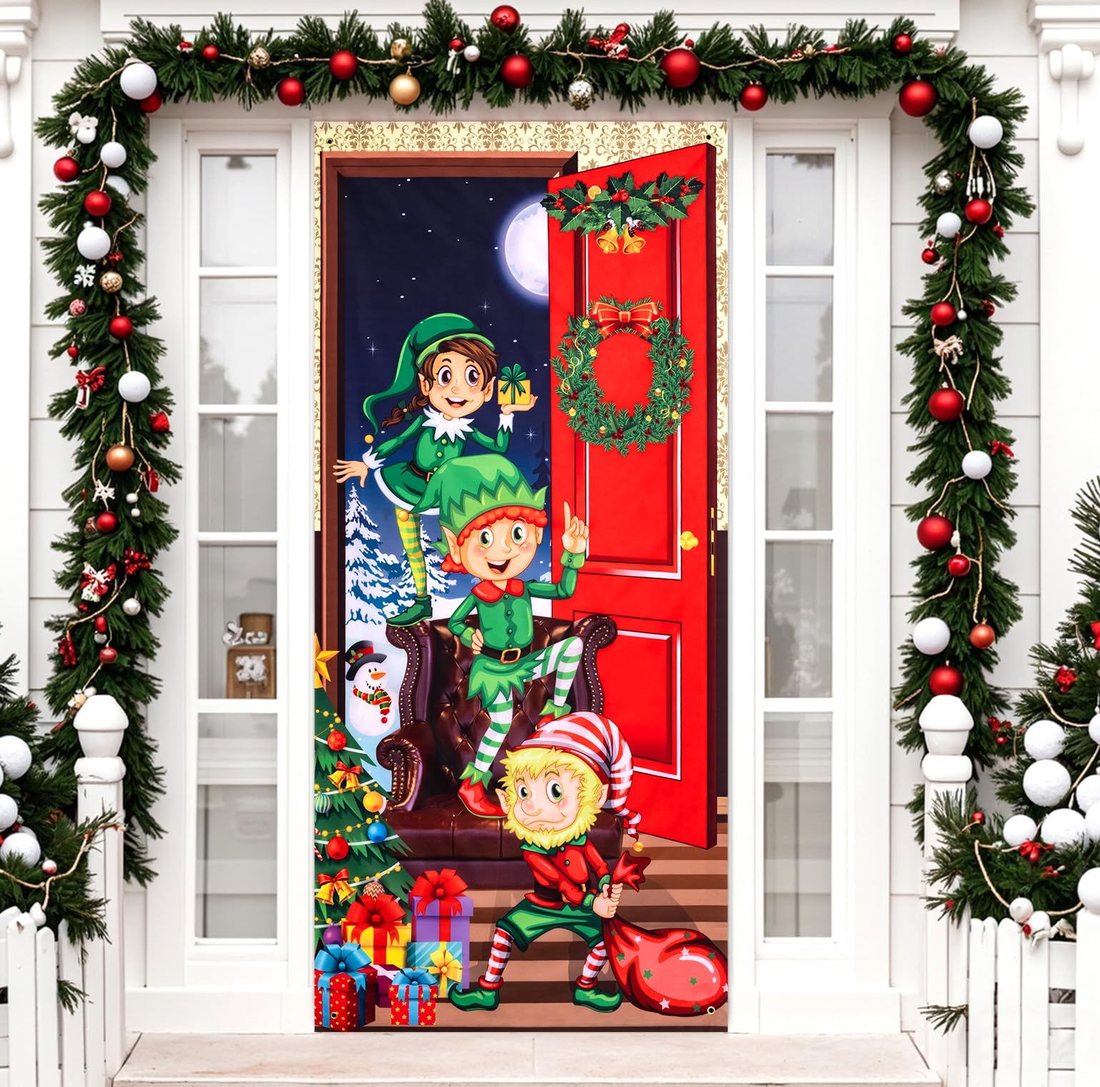 MELLIEX Decoracion Puerta Navidad, Divertidos Elfos Navideños y Papá Noel Pancarta Navidad Cubierta Puerta Entrada Navidad para Adornos Vacaciones, 90 x 185cm, 90 x 200 cm