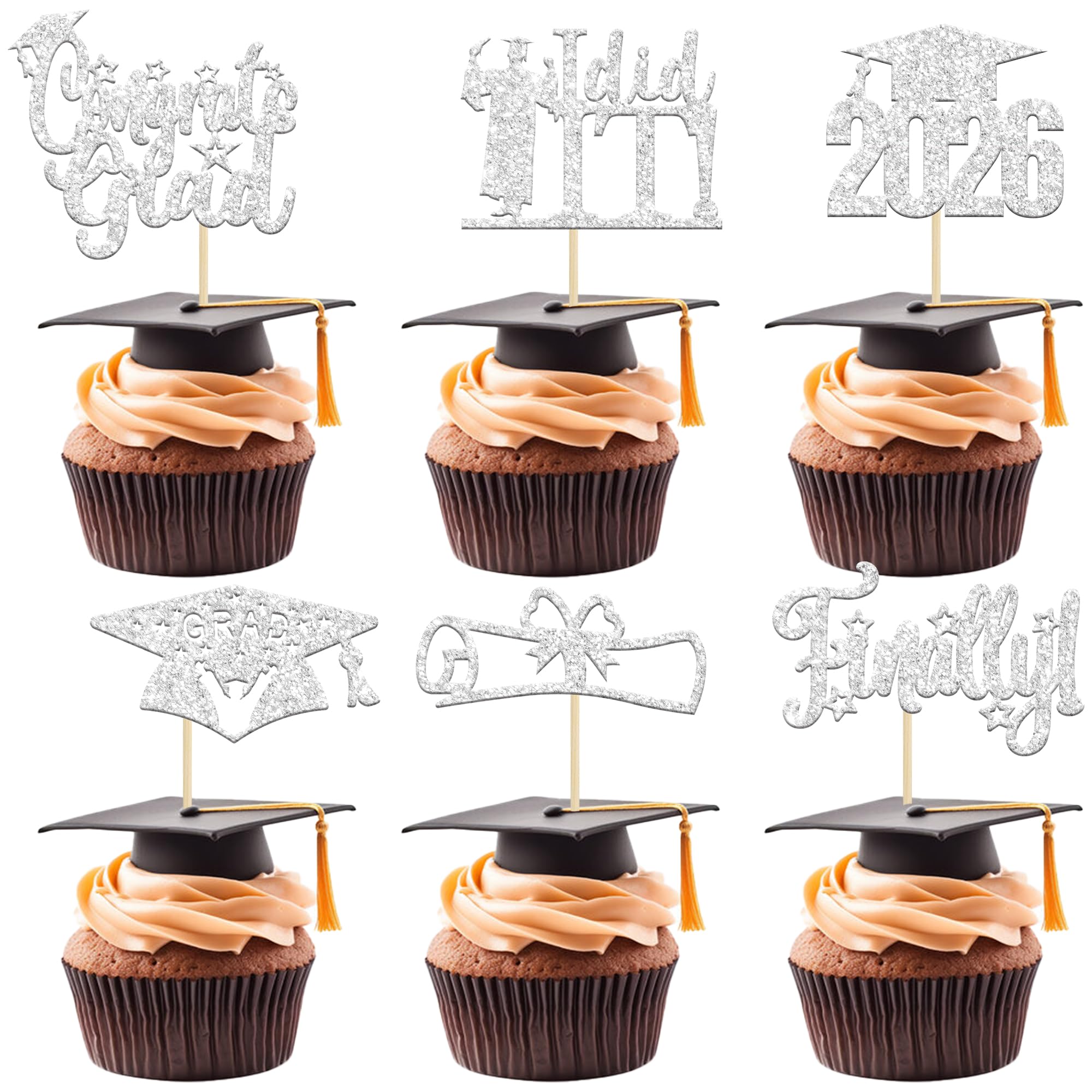 24 PCS 2026 Graduation Cupcake Toppers Glitter 2026 Graduation Cap Diploma Congrats Grad Finnaly I Did It Cupcake Picks 2026 Grad Theme Party Cake Decorations Supplies Silver