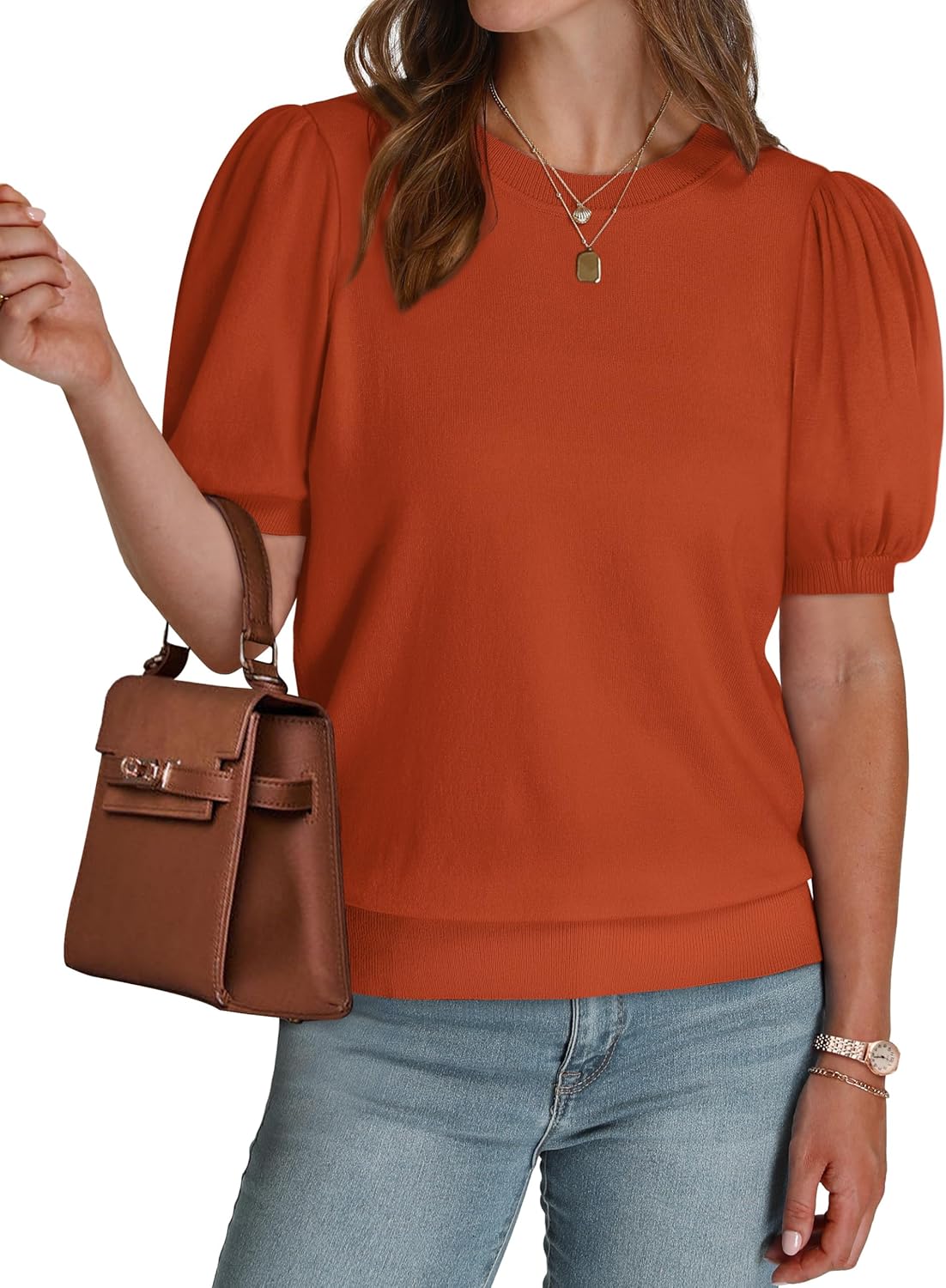 WIHOLL Women's Puff Short Sleeve Sweater 2026 Spring Summer Tops Trendy Business Causal Outfits Work Blouses Clothes - Image 4