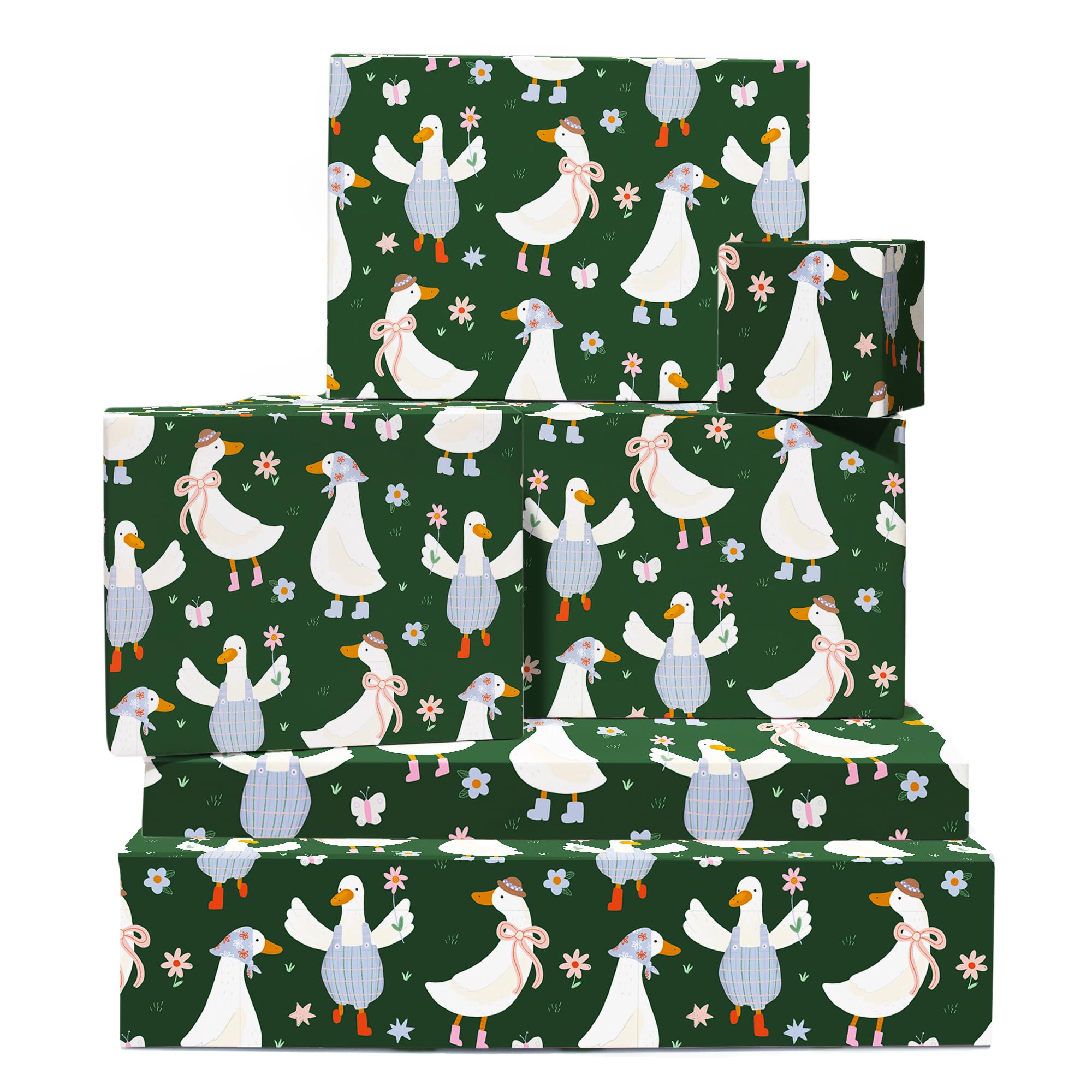 Green Wrapping Paper For Her - 6 Sheets Of Gift Wrap With Tags - Geese Bow Flower Butterfly - Farm Animal - Birthday Anniversary Valentines - Recyclable - By Central 23
